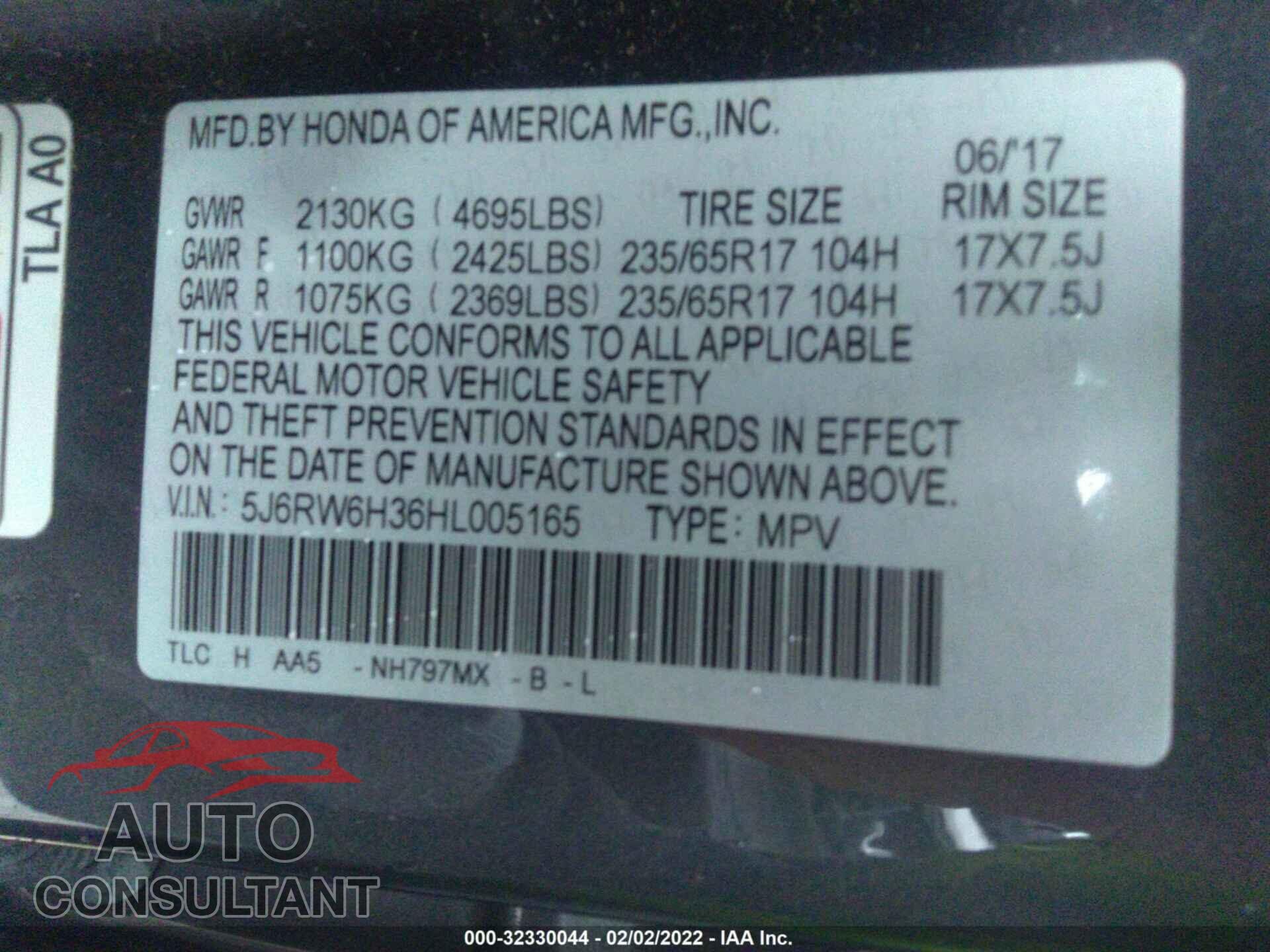 HONDA CR-V 2017 - 5J6RW6H36HL005165