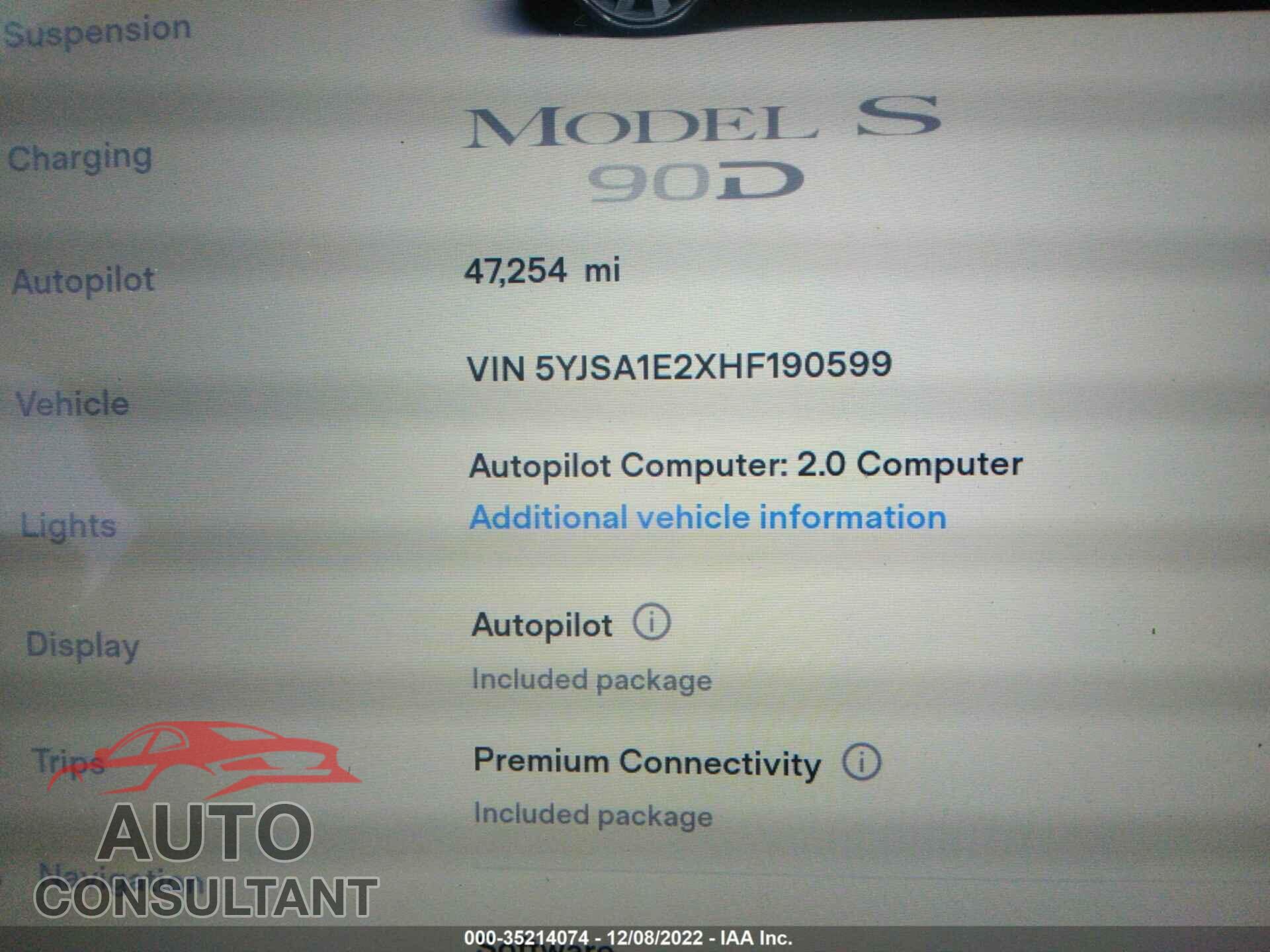 TESLA MODEL S 2017 - 5YJSA1E2XHF190599