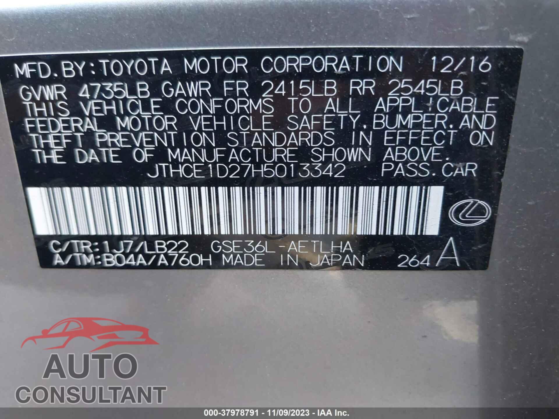 LEXUS IS 2017 - JTHCE1D27H5013342