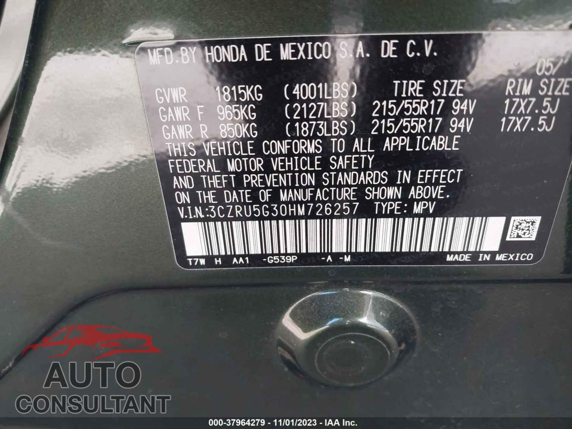 HONDA HR-V 2017 - 3CZRU5G30HM726257