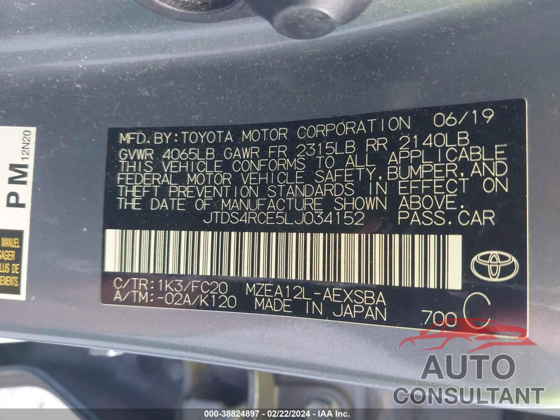 TOYOTA COROLLA 2020 - JTDS4RCE5LJ034152