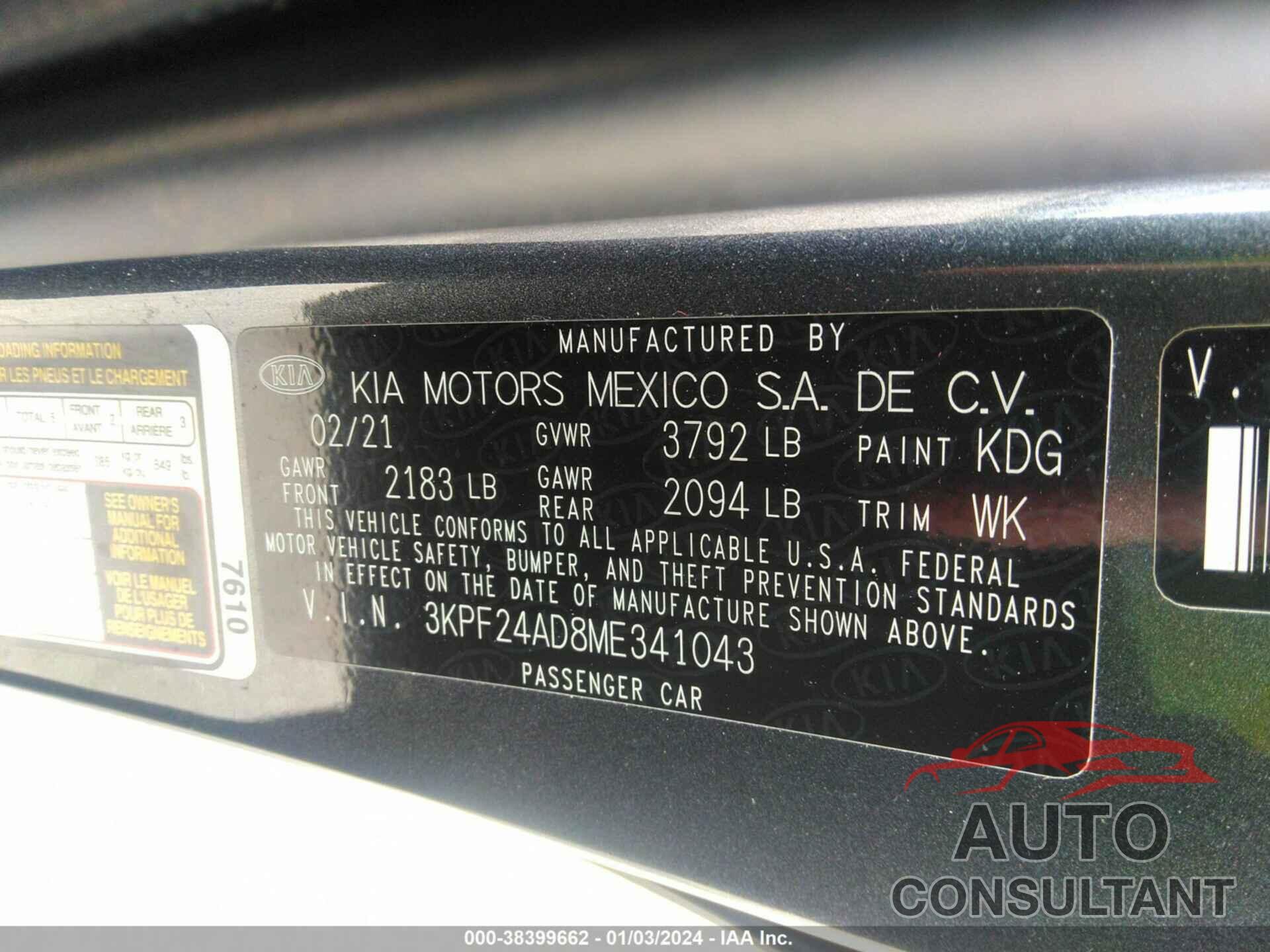 KIA FORTE 2021 - 3KPF24AD8ME341043