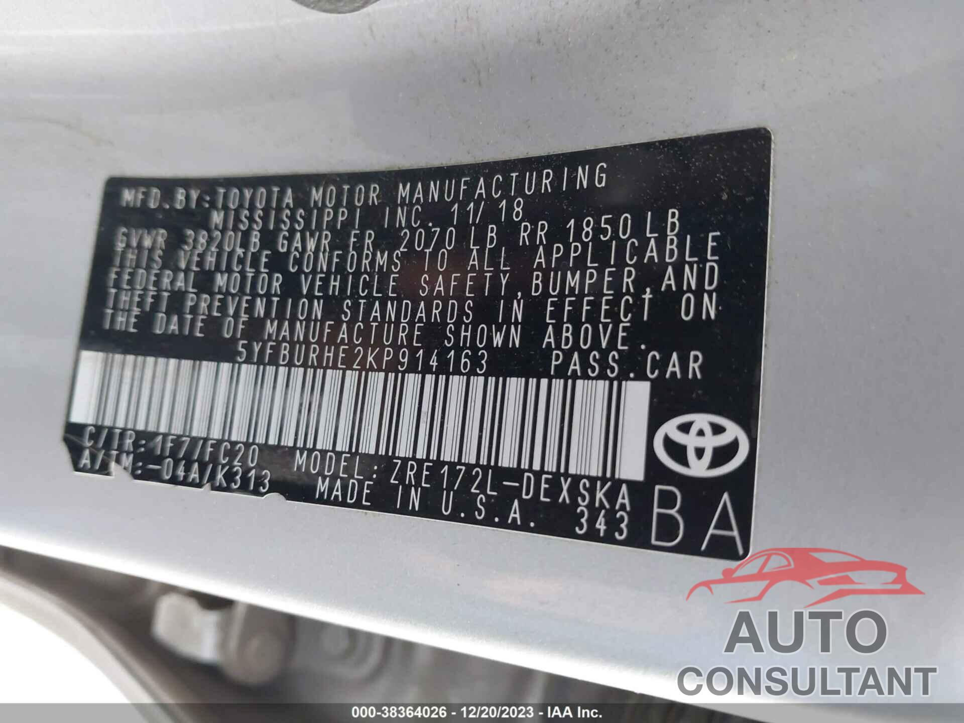 TOYOTA COROLLA 2019 - 5YFBURHE2KP914163