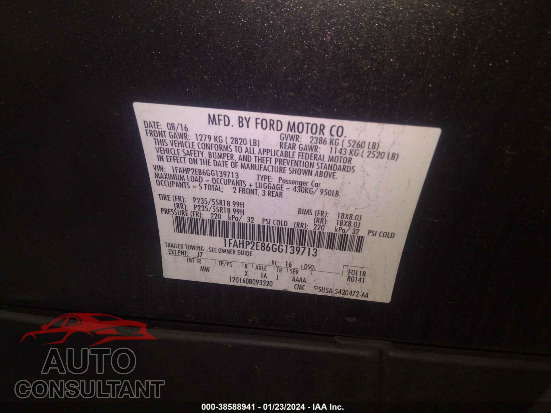 FORD TAURUS 2016 - 1FAHP2E86GG139713