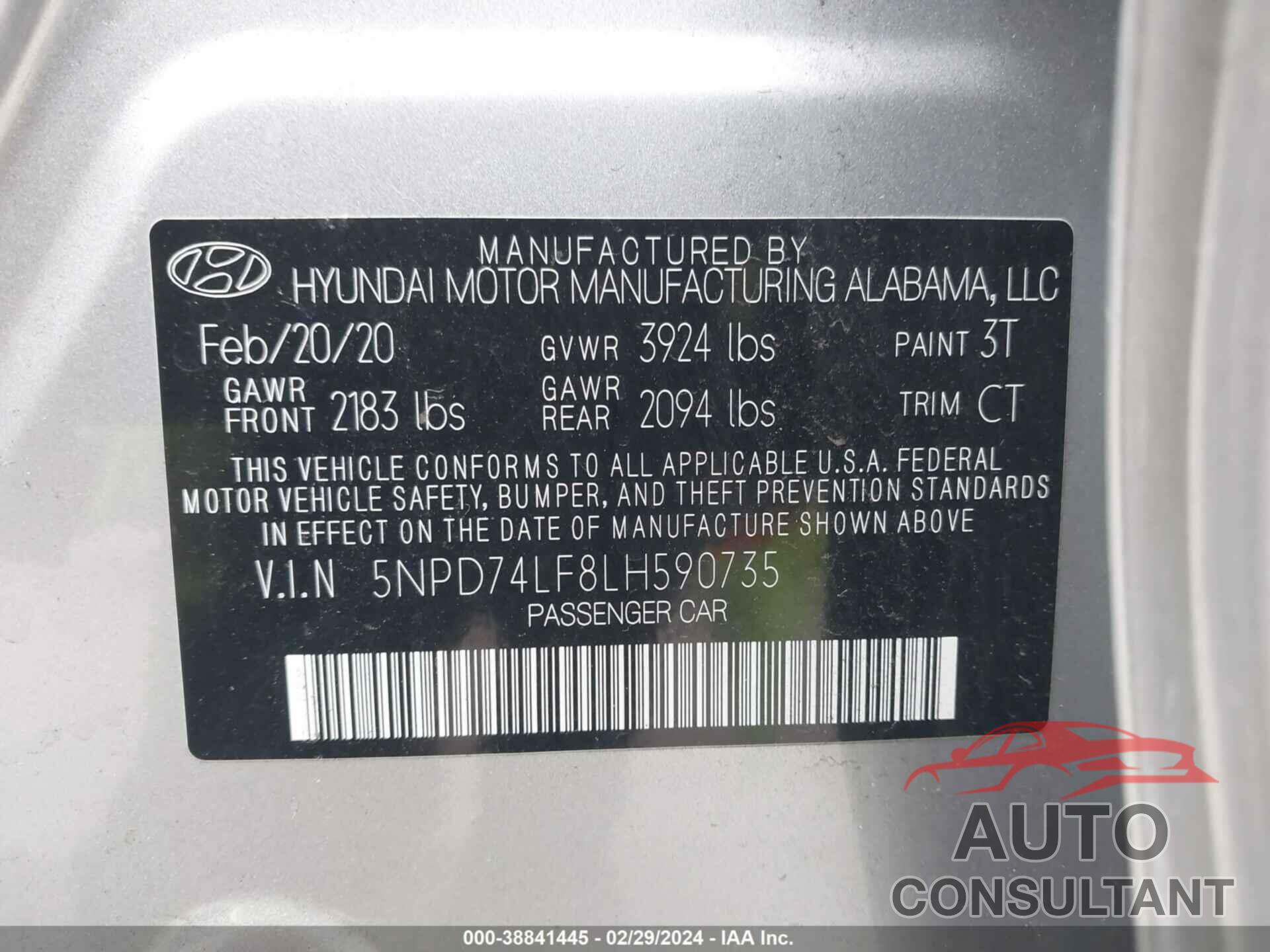 HYUNDAI ELANTRA 2020 - 5NPD74LF8LH590735