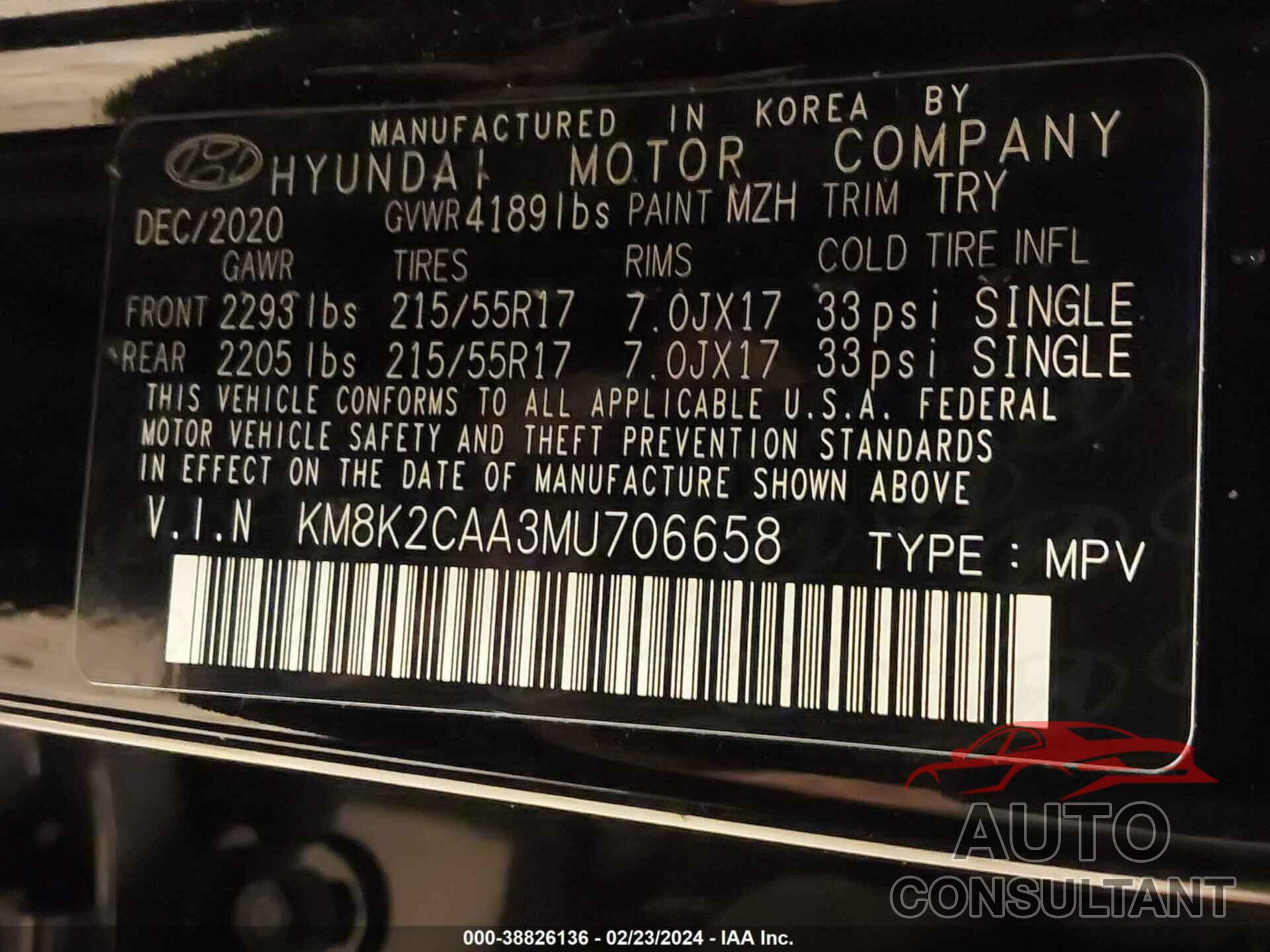 HYUNDAI KONA 2021 - KM8K2CAA3MU706658