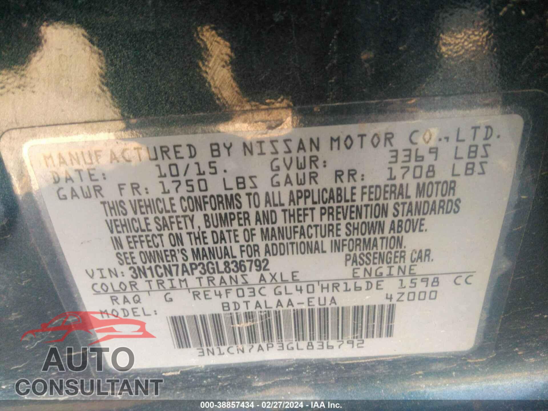 NISSAN VERSA 2016 - 3N1CN7AP3GL836792
