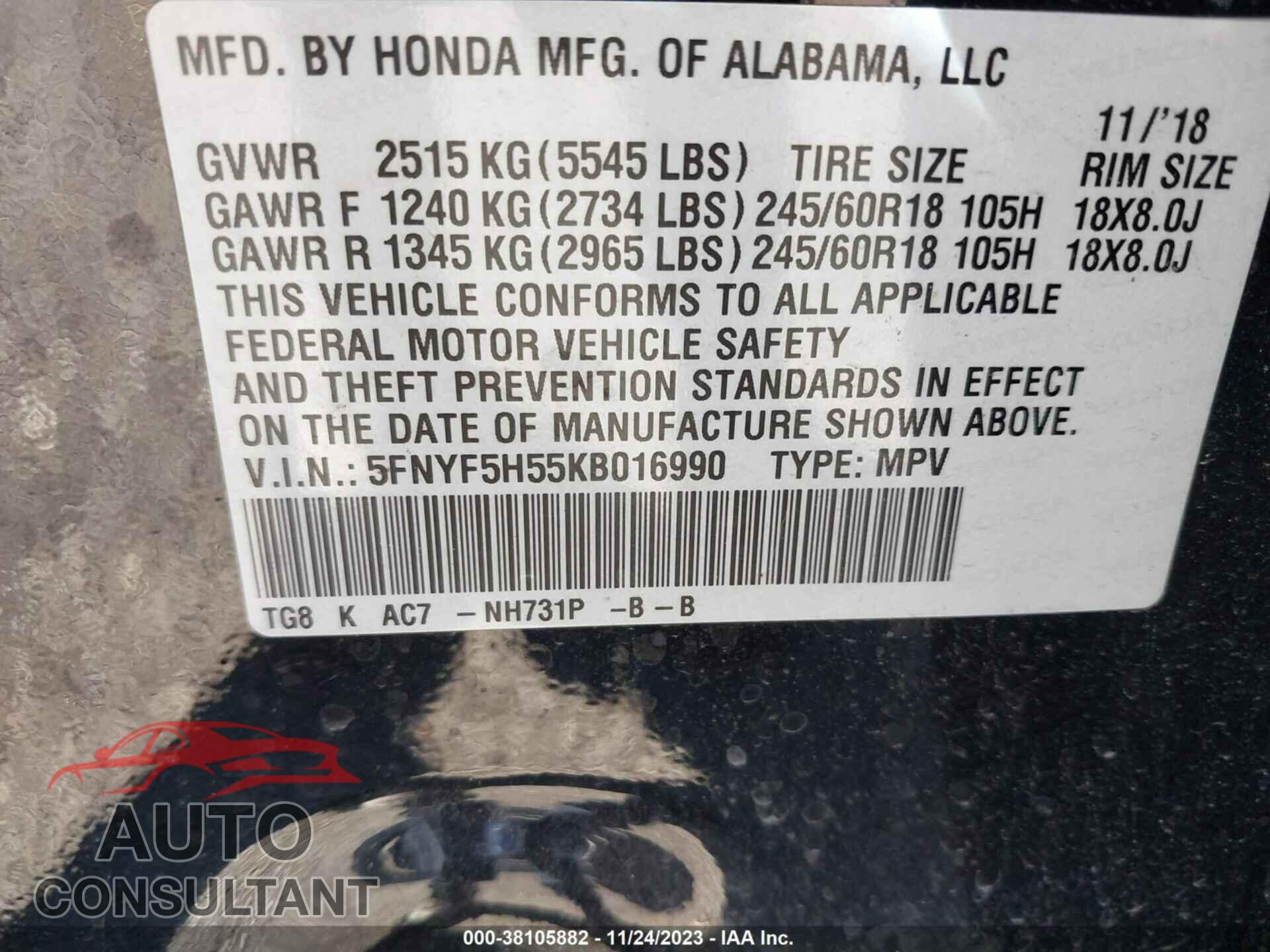 HONDA PILOT 2019 - 5FNYF5H55KB016990
