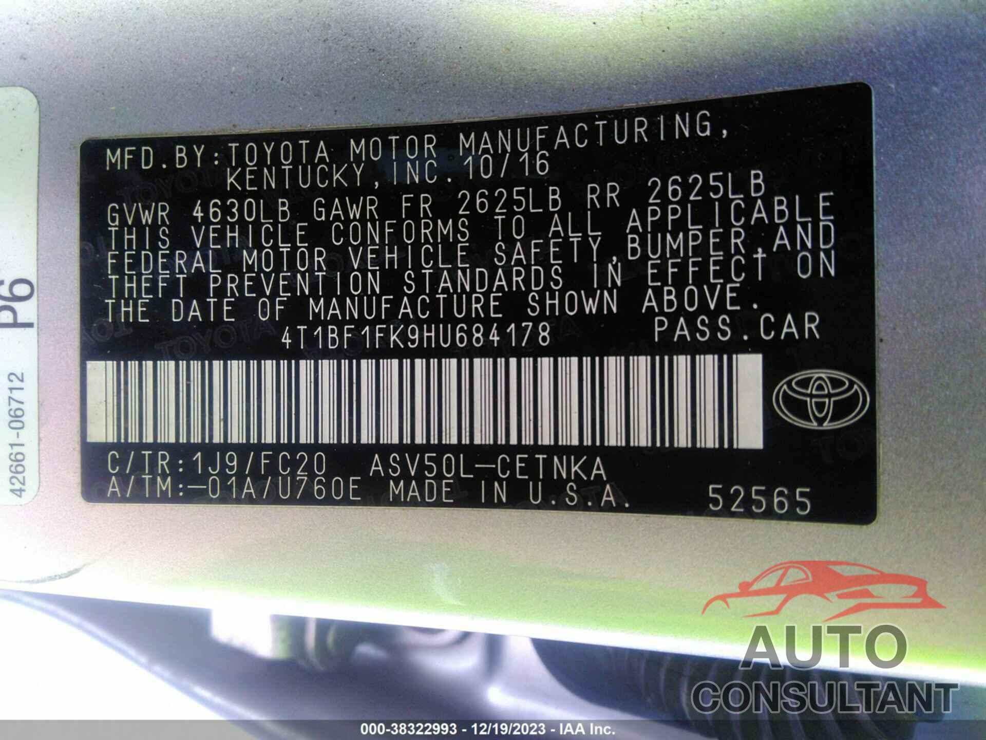 TOYOTA CAMRY 2017 - 4T1BF1FK9HU684178