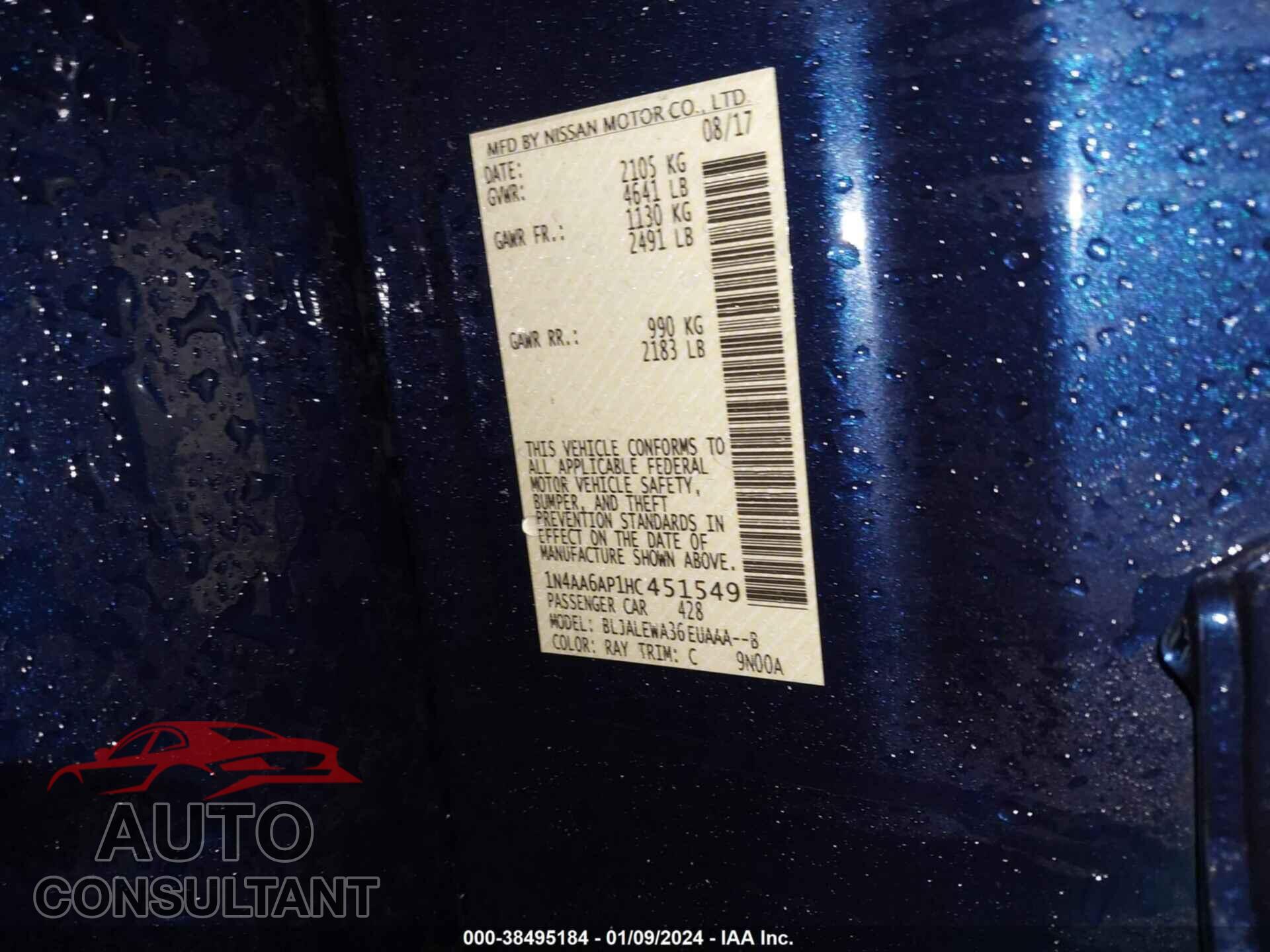 NISSAN MAXIMA 2017 - 1N4AA6AP1HC451549