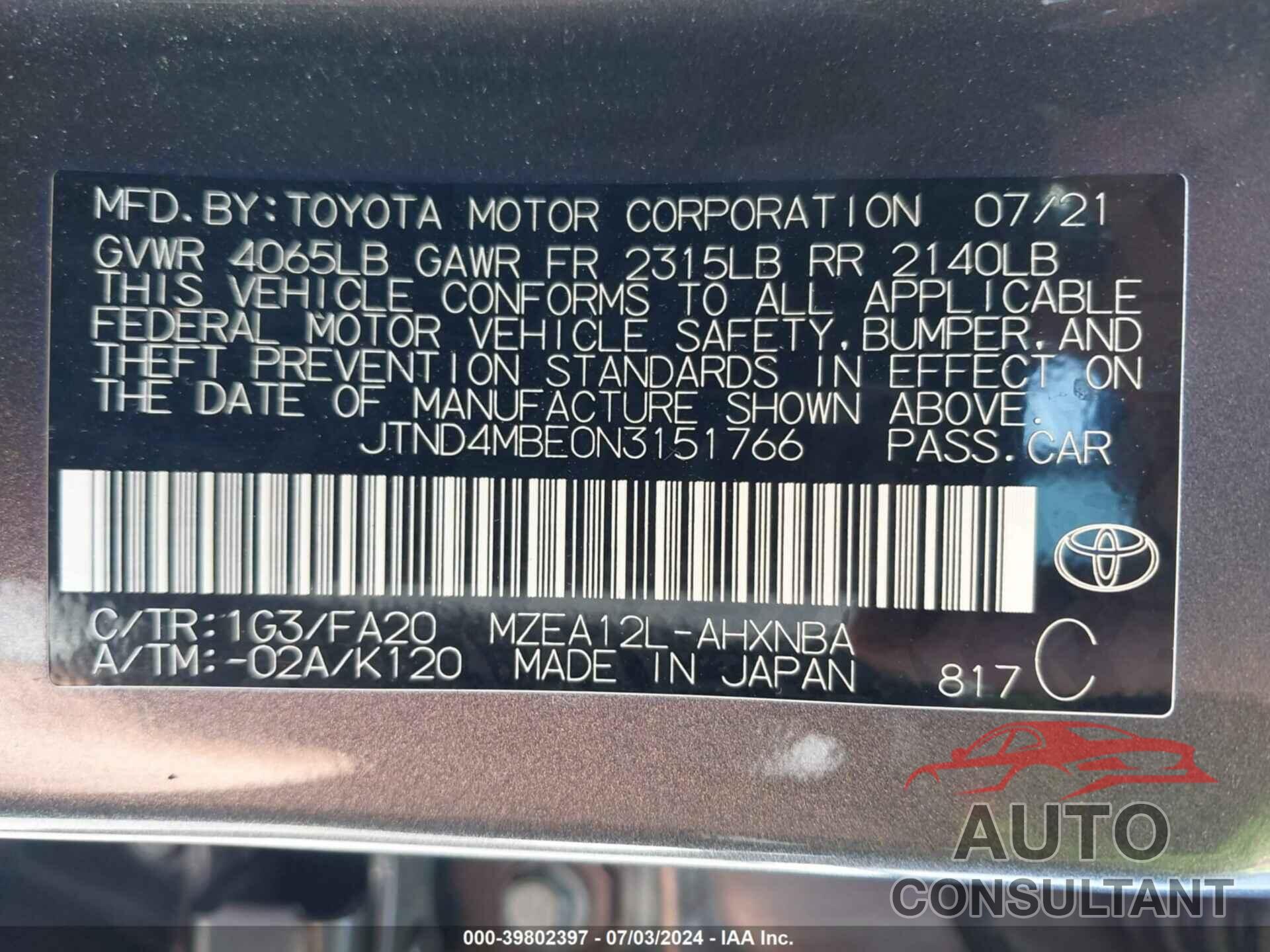 TOYOTA COROLLA 2022 - JTND4MBE0N3151766