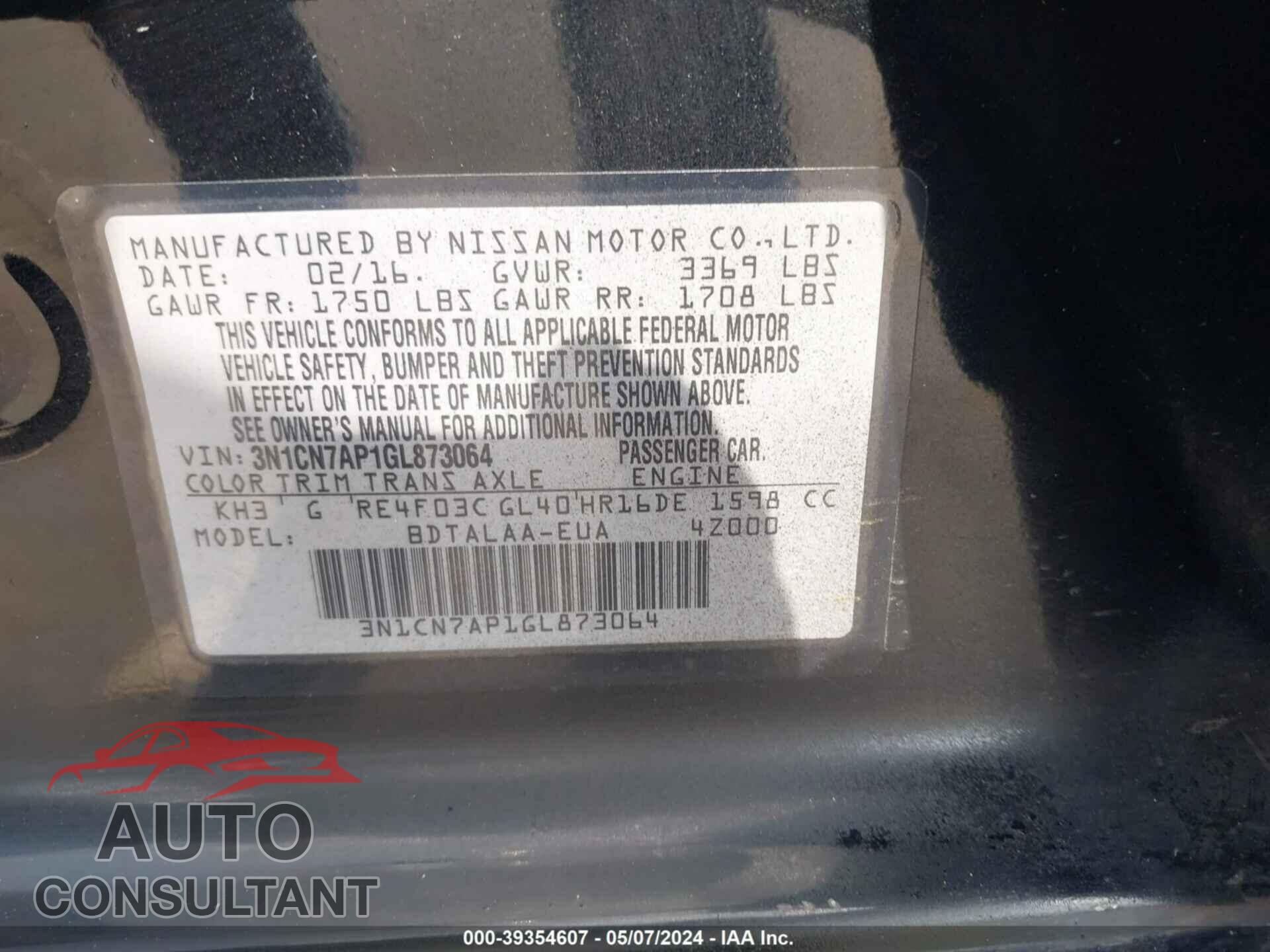 NISSAN VERSA 2016 - 3N1CN7AP1GL873064