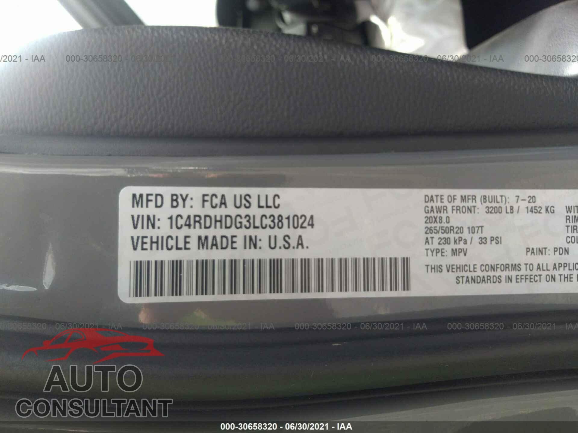 DODGE DURANGO 2020 - 1C4RDHDG3LC381024