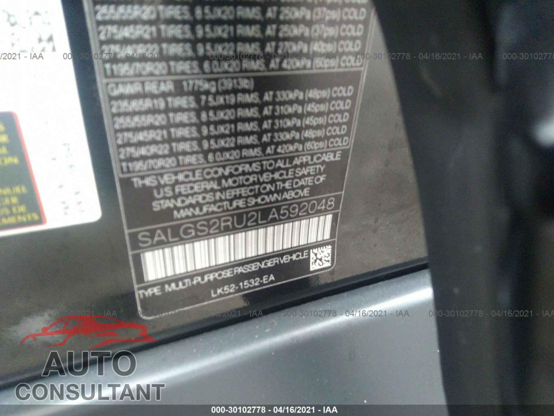 LAND ROVER RANGE ROVER 2020 - SALGS2RU2LA592048