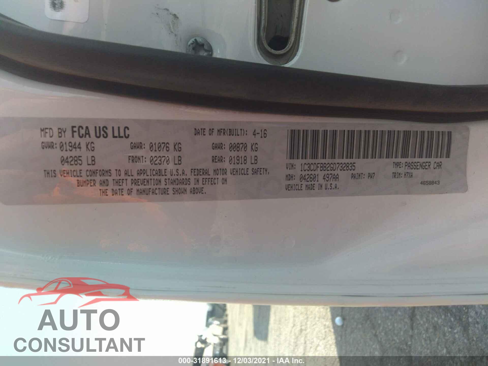 DODGE DART 2016 - 1C3CDFBB2GD732835