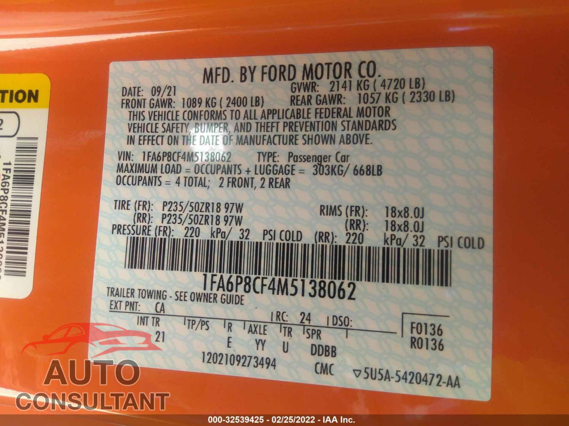 FORD MUSTANG 2021 - 1FA6P8CF4M5138062