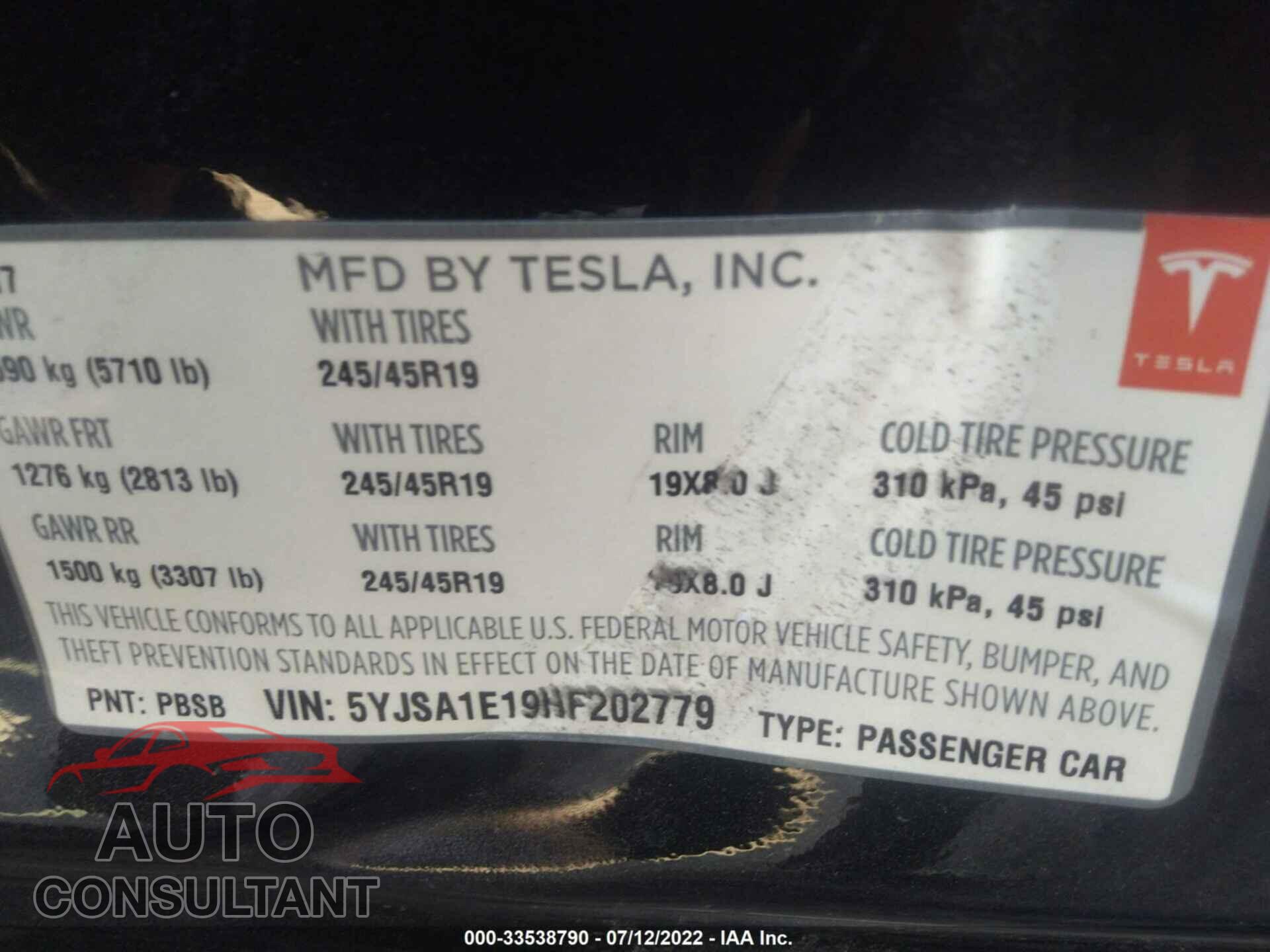 TESLA MODEL S 2017 - 5YJSA1E19HF202779