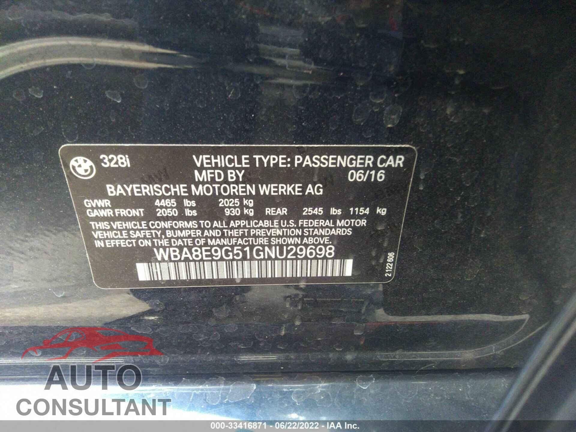 BMW 3 SERIES 2016 - WBA8E9G51GNU29698