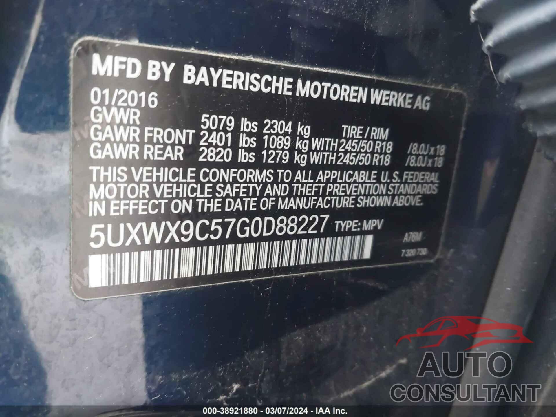 BMW X3 2016 - 5UXWX9C57G0D88227