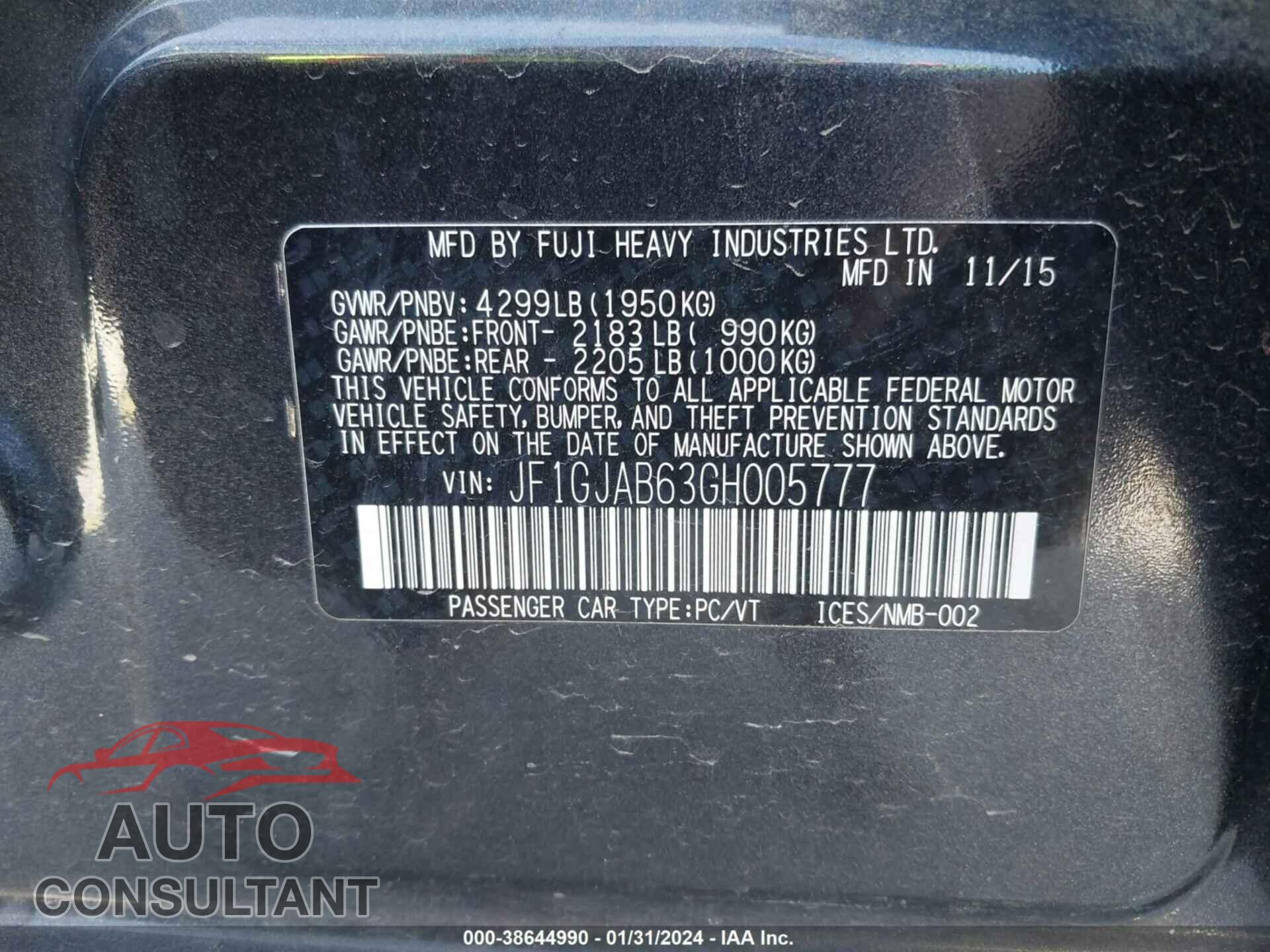SUBARU IMPREZA 2016 - JF1GJAB63GH005777