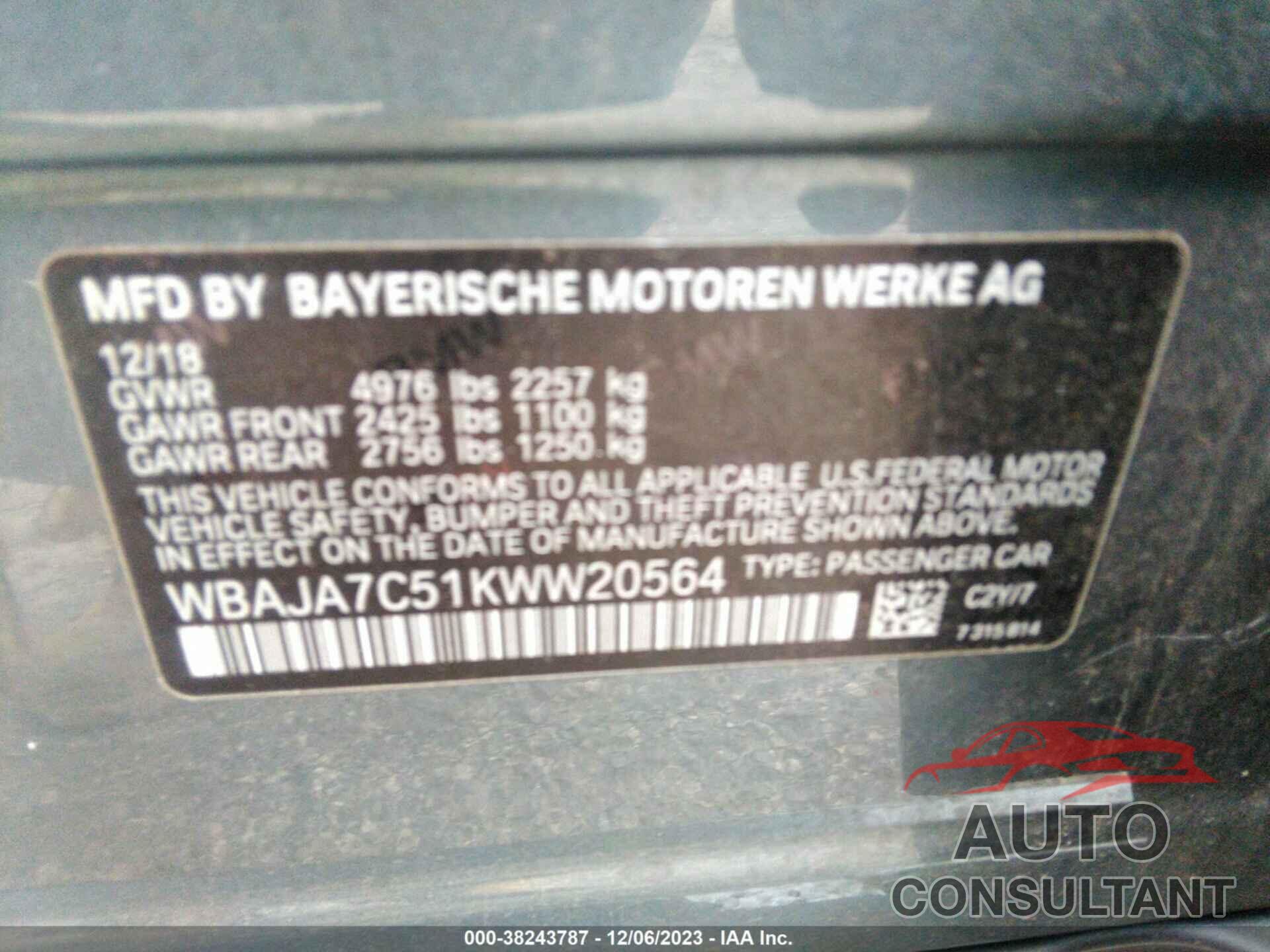 BMW 530I 2019 - WBAJA7C51KWW20564