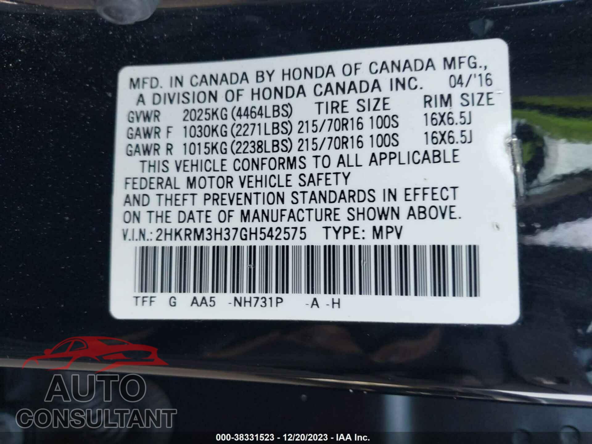HONDA CR-V 2016 - 2HKRM3H37GH542575