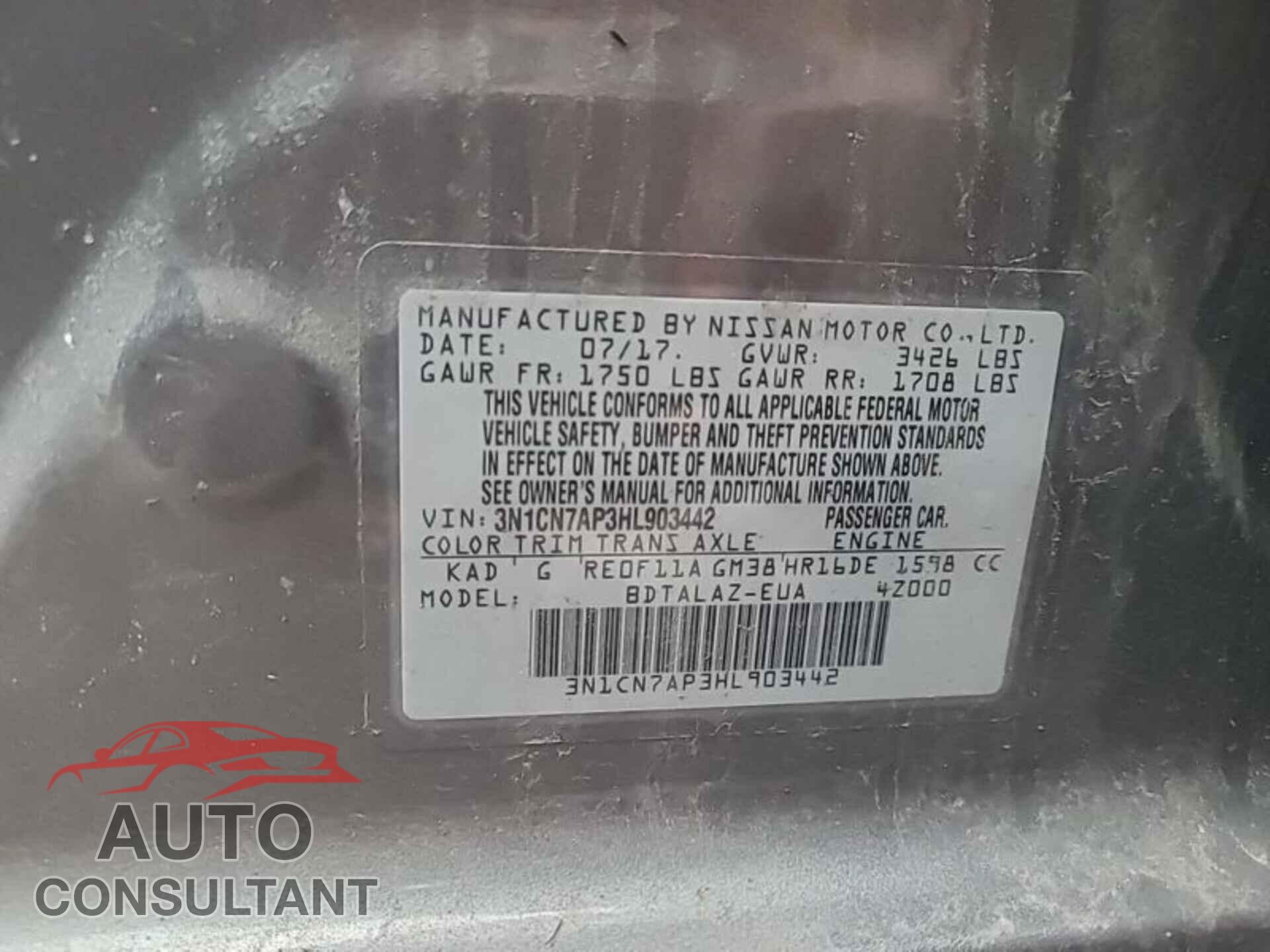 NISSAN VERSA 2017 - 3N1CN7AP3HL903442