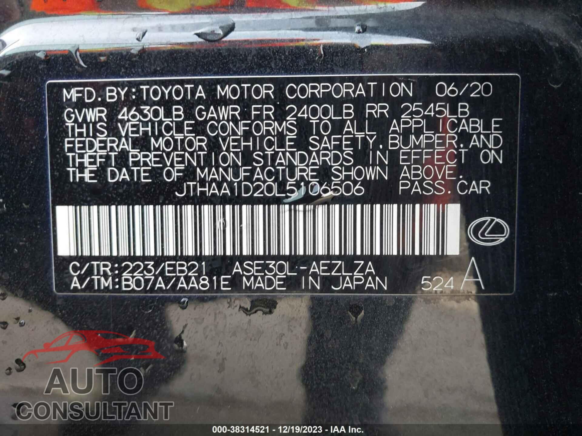 LEXUS IS 2020 - JTHAA1D20L5106506