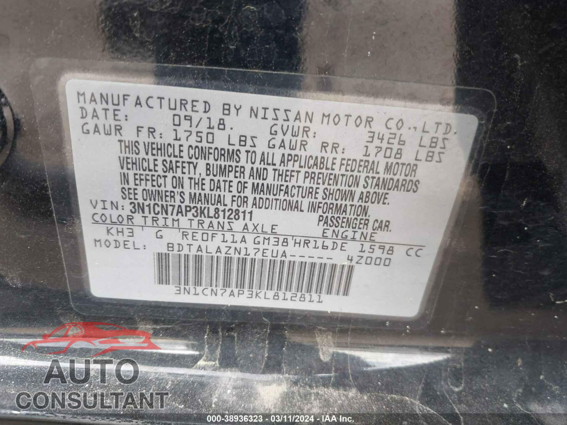 NISSAN VERSA 2019 - 3N1CN7AP3KL812811
