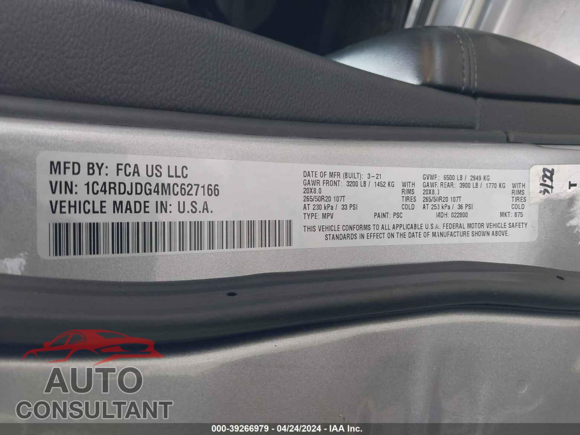 DODGE DURANGO 2021 - 1C4RDJDG4MC627166