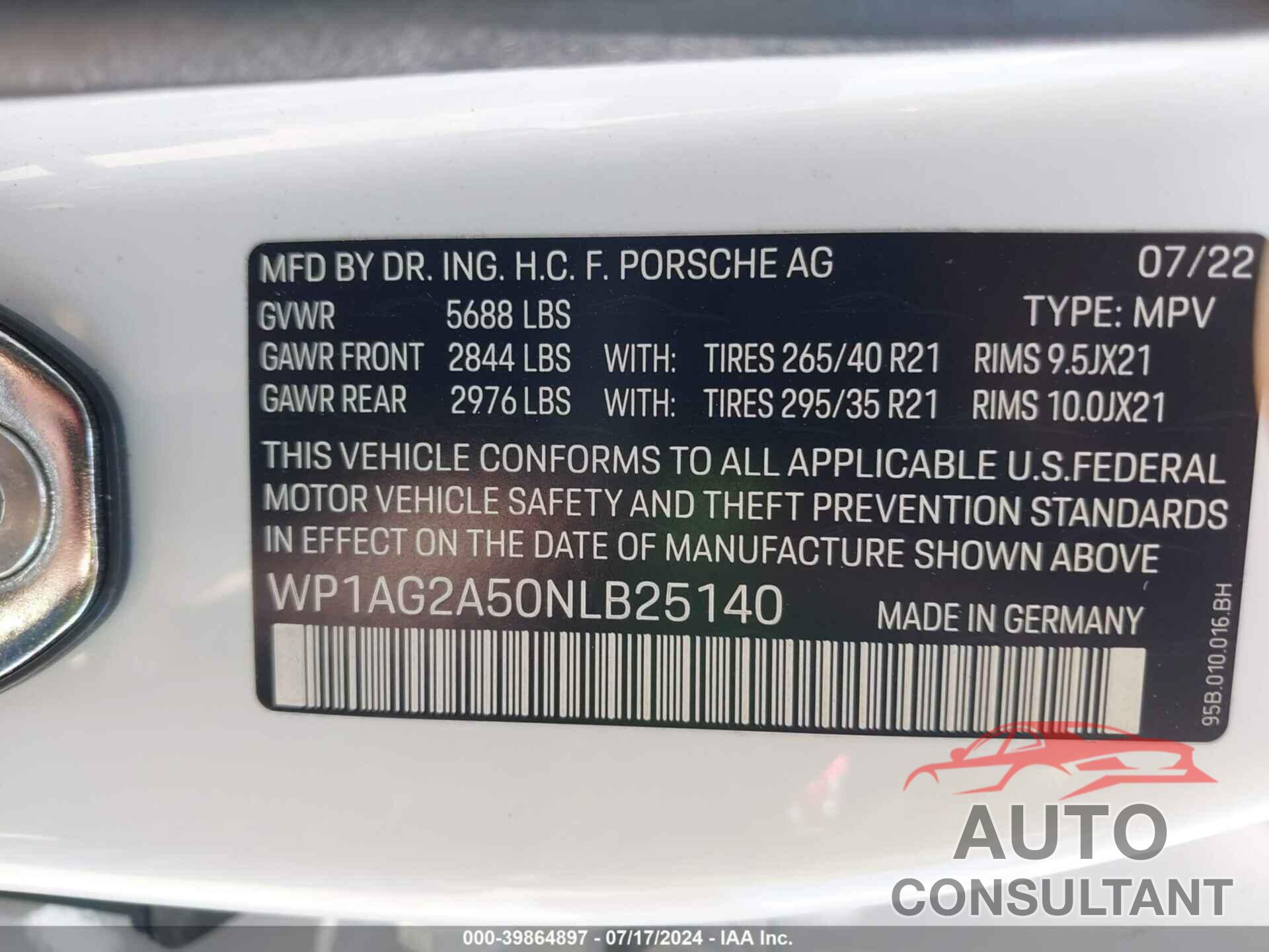 PORSCHE MACAN 2022 - WP1AG2A50NLB25140