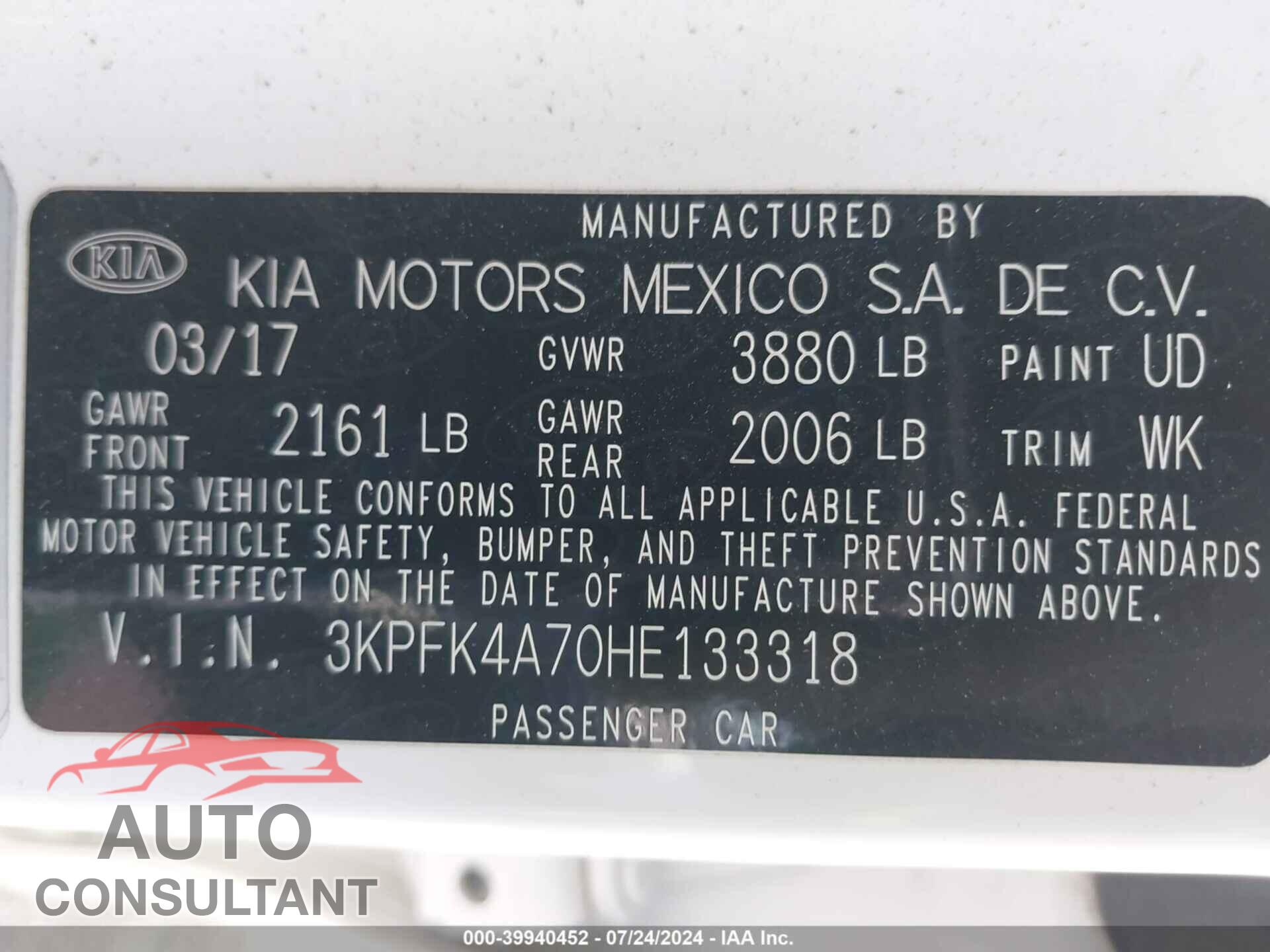 KIA FORTE 2017 - 3KPFK4A70HE133318