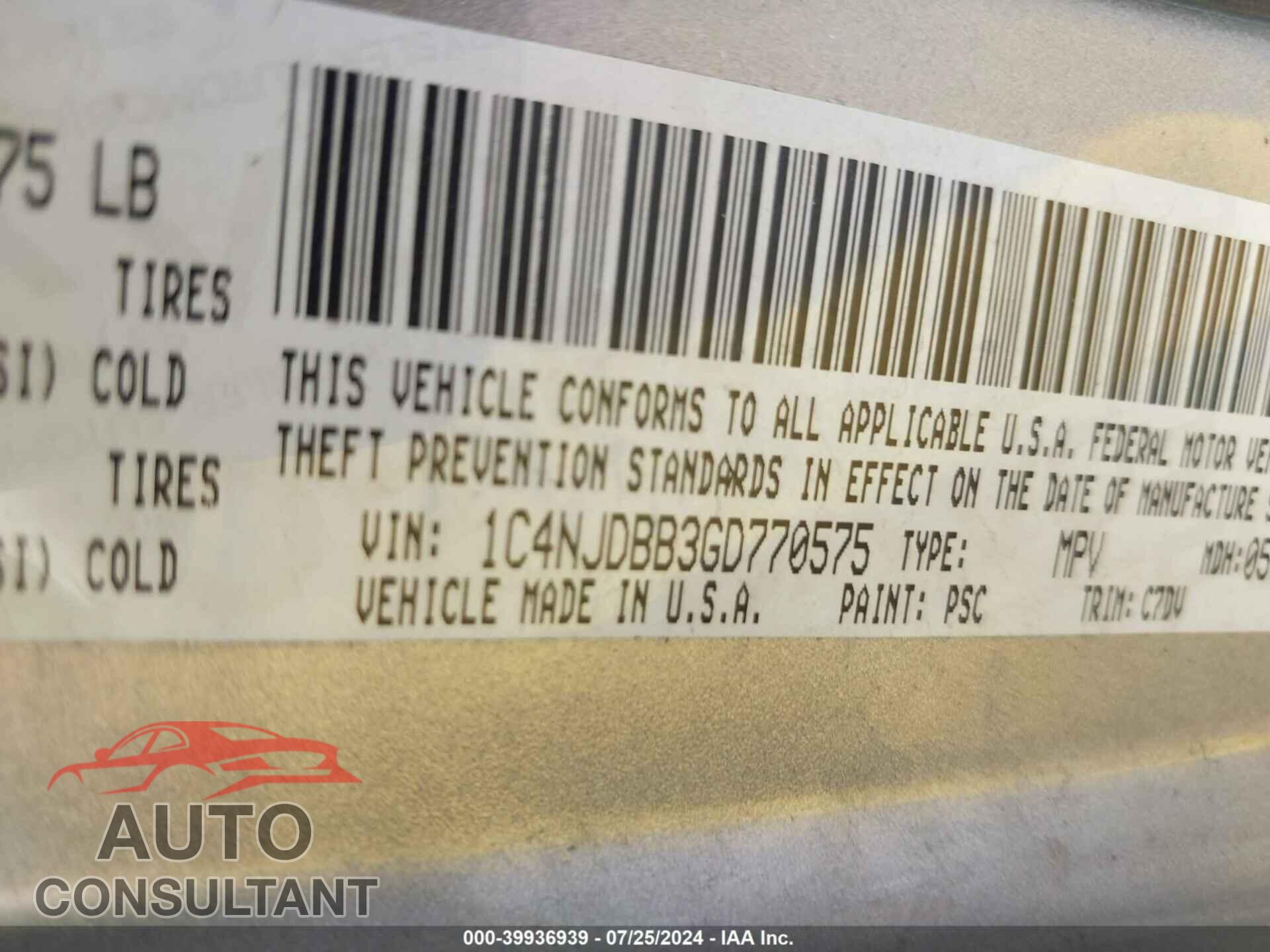 JEEP COMPASS 2016 - 1C4NJDBB3GD770575