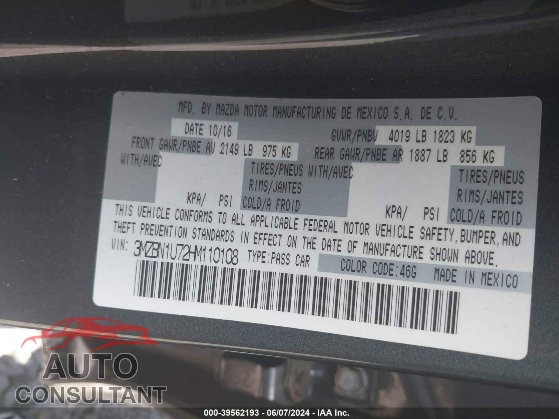 MAZDA MAZDA3 2017 - 3MZBN1U72HM110108