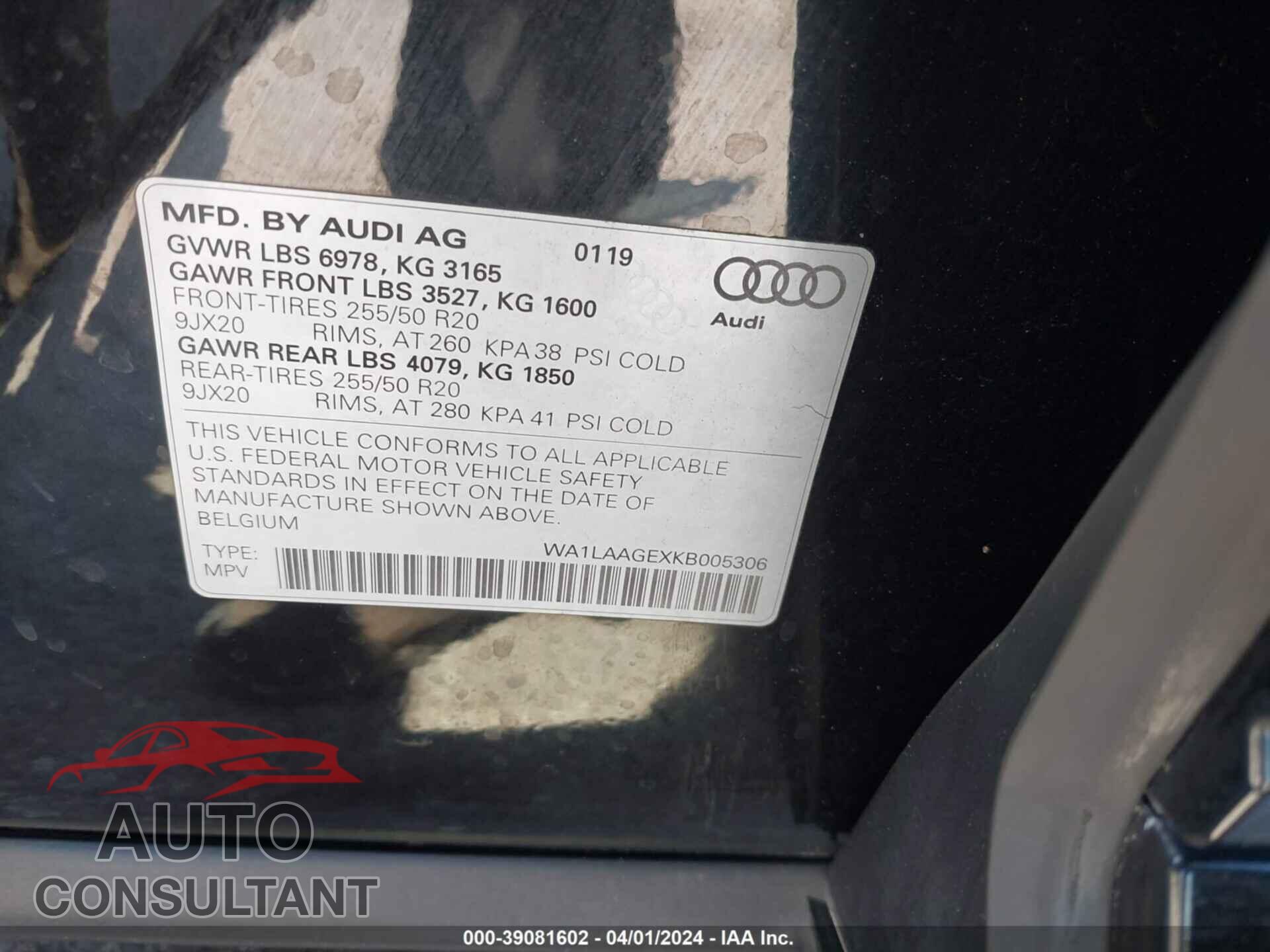 AUDI E-TRON 2019 - WA1LAAGEXKB005306