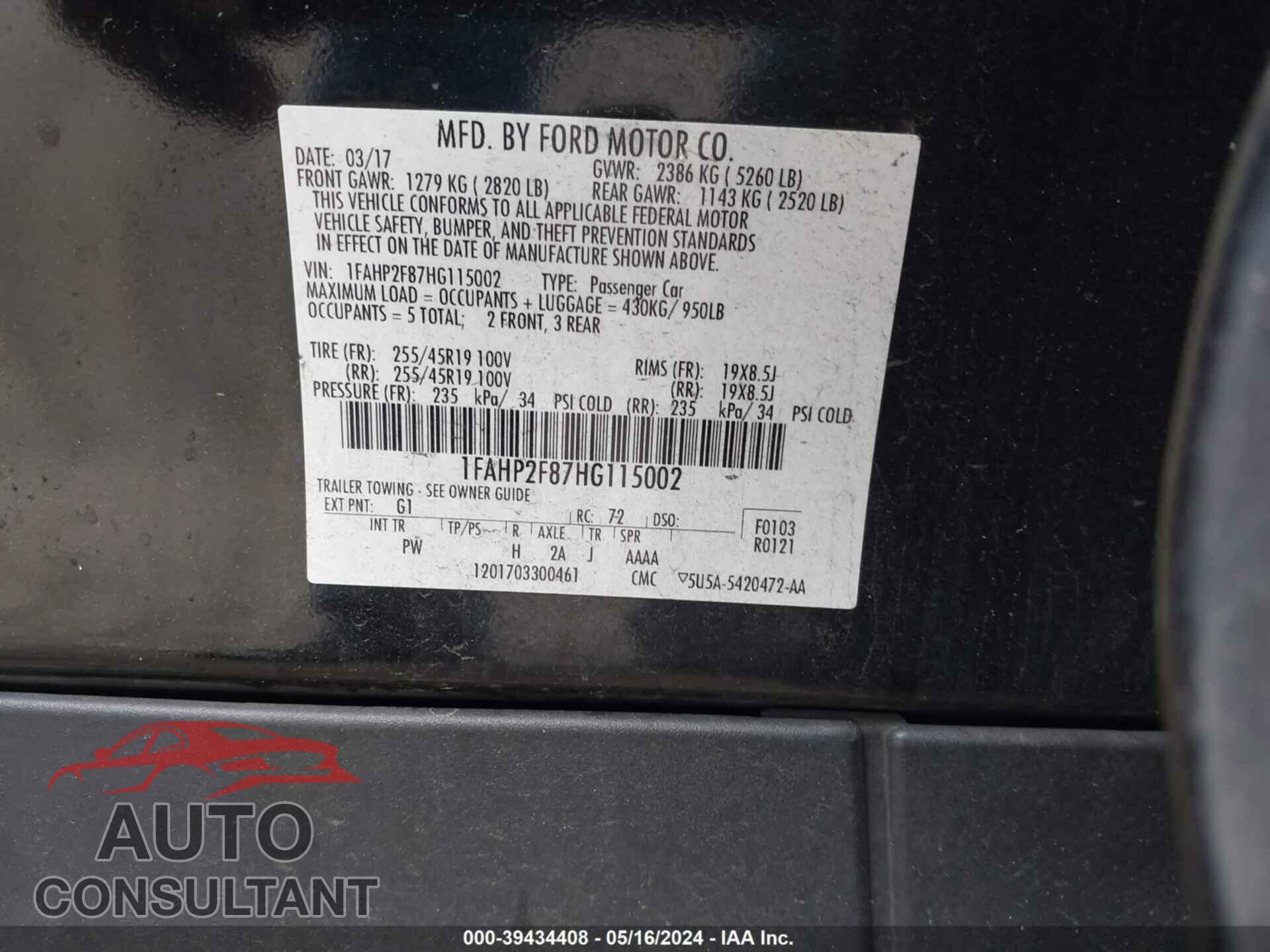 FORD TAURUS 2017 - 1FAHP2F87HG115002