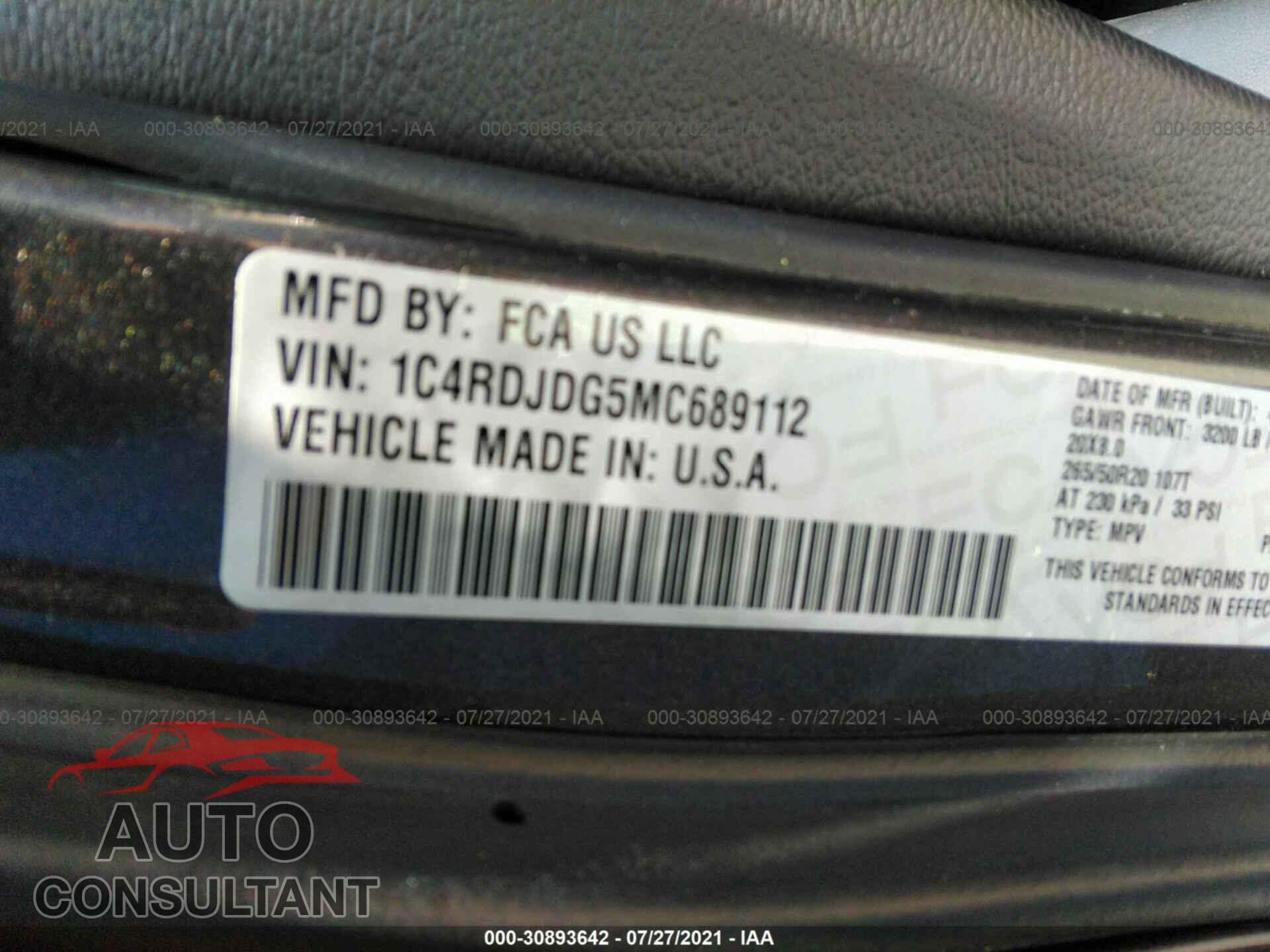 DODGE DURANGO 2021 - 1C4RDJDG5MC689112