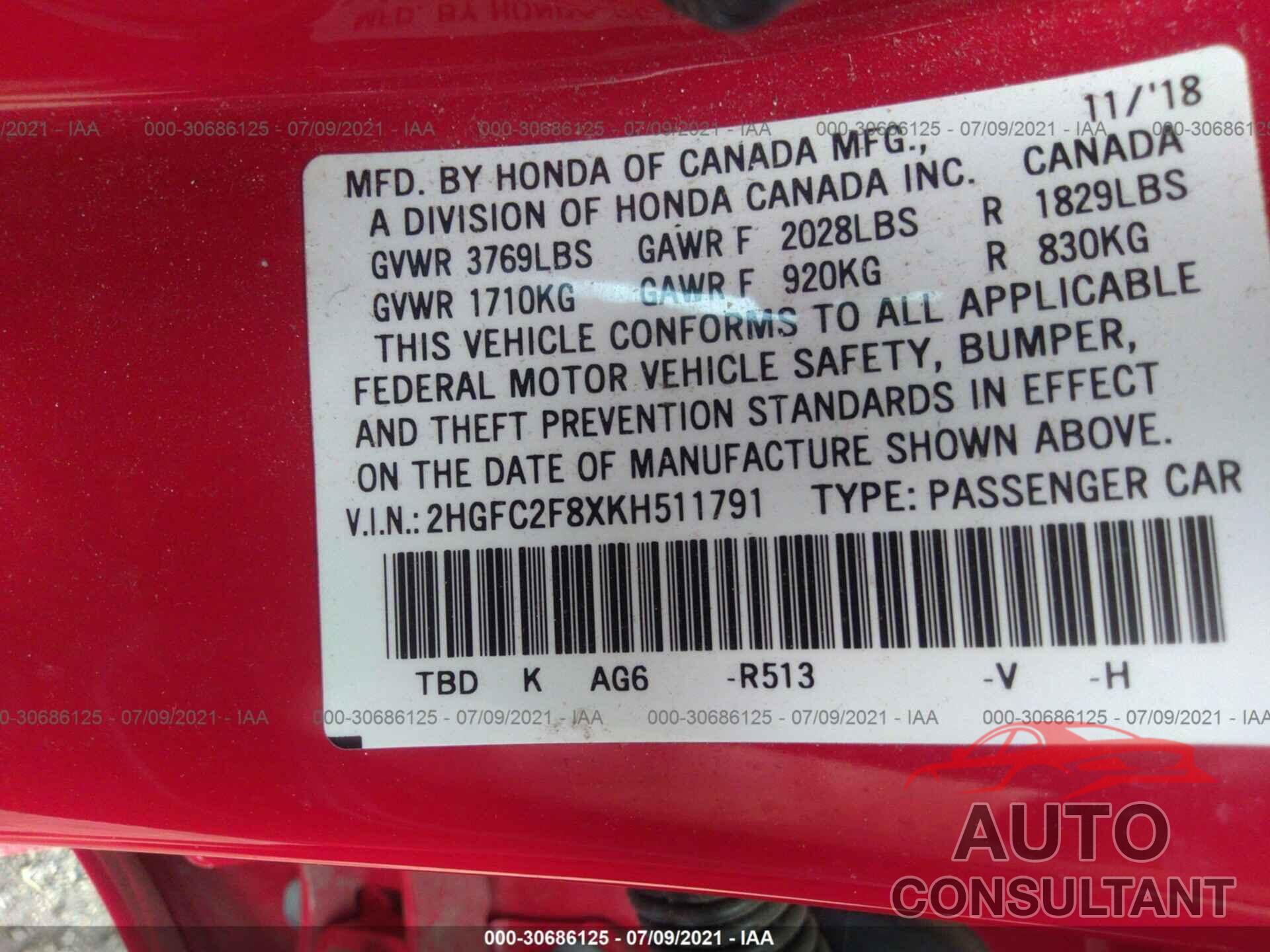 HONDA CIVIC SEDAN 2019 - 2HGFC2F8XKH511791