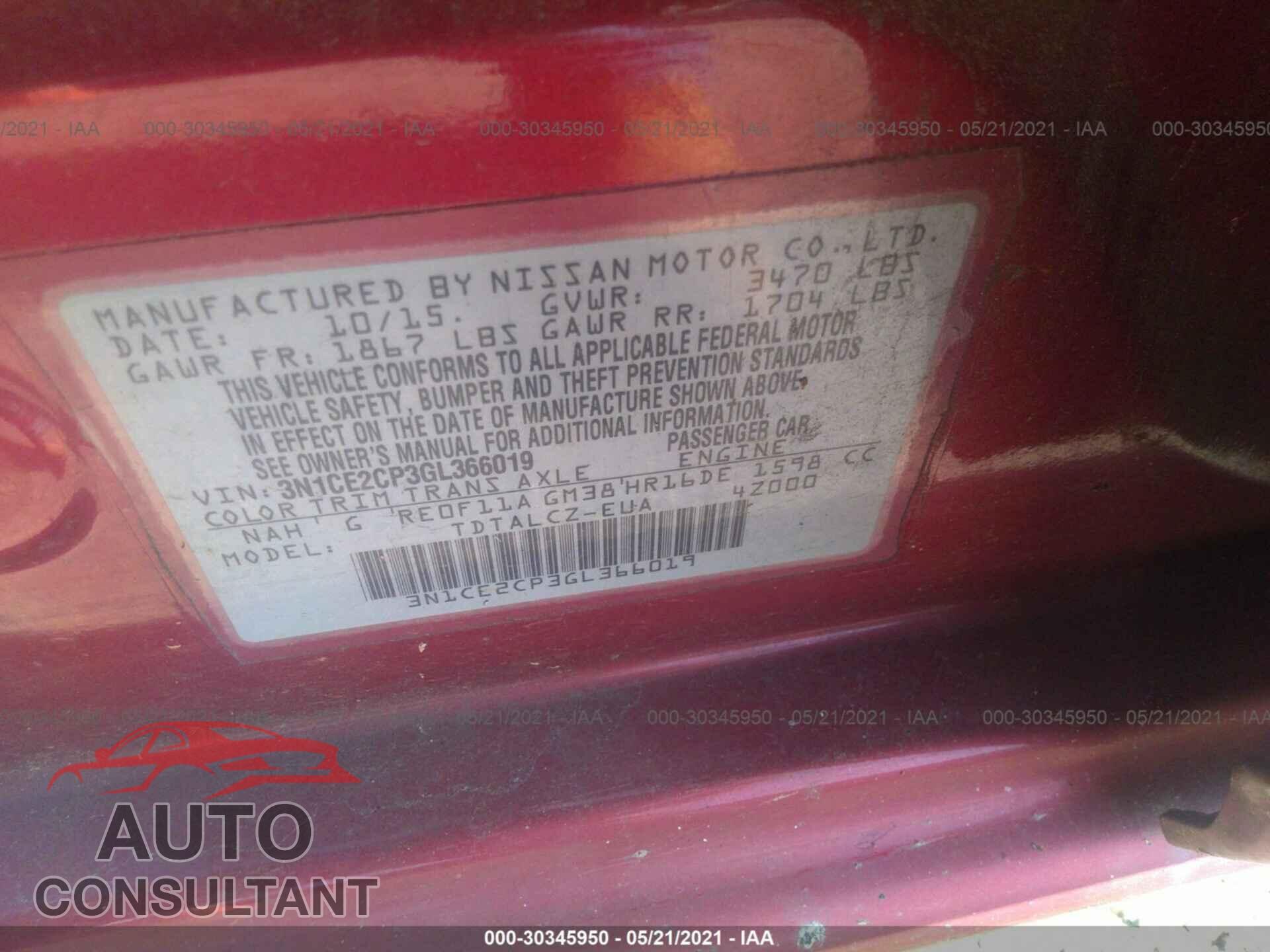 NISSAN VERSA NOTE 2016 - 3N1CE2CP3GL366019