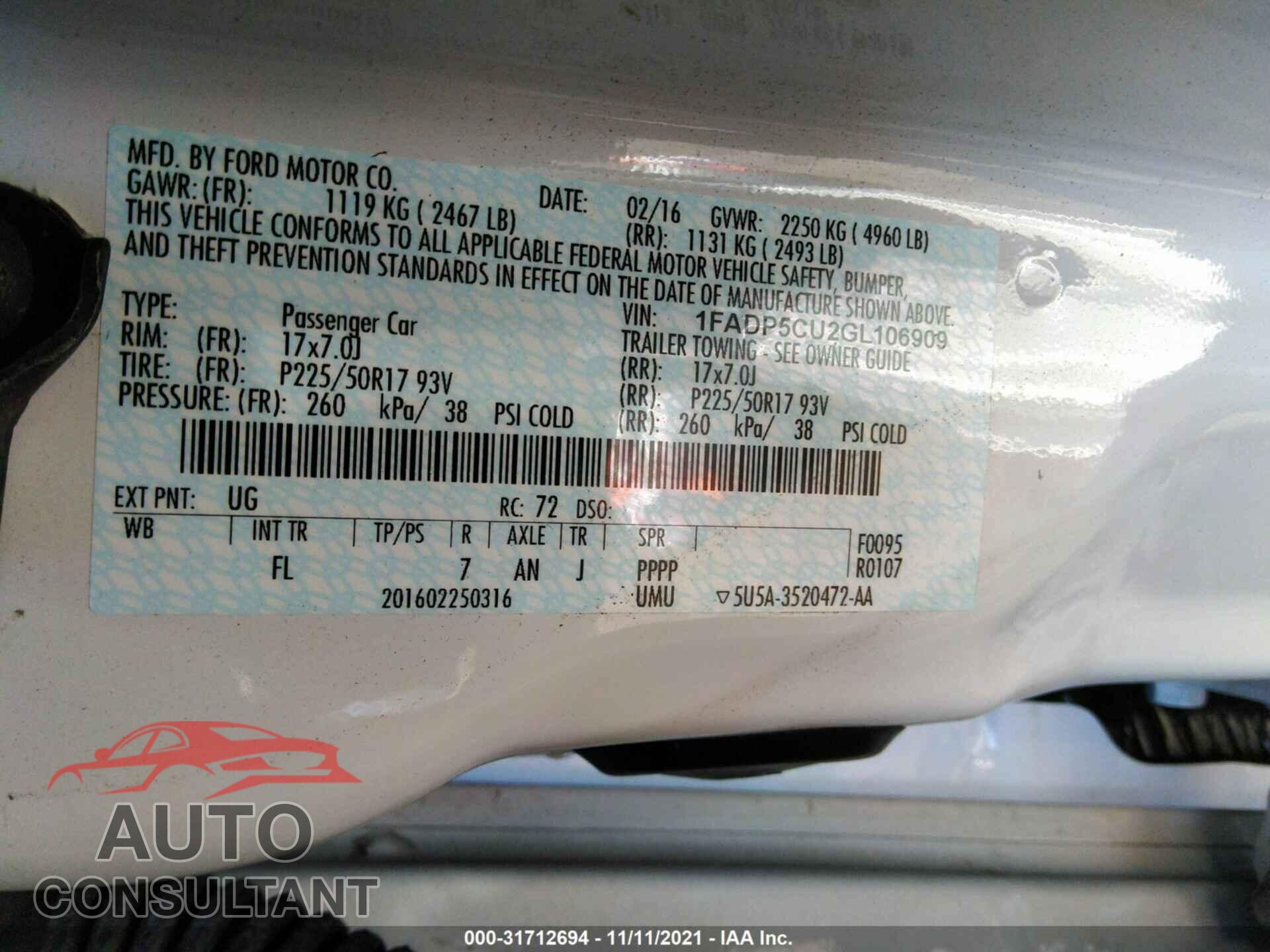FORD C-MAX ENERGI 2016 - 1FADP5CU2GL106909