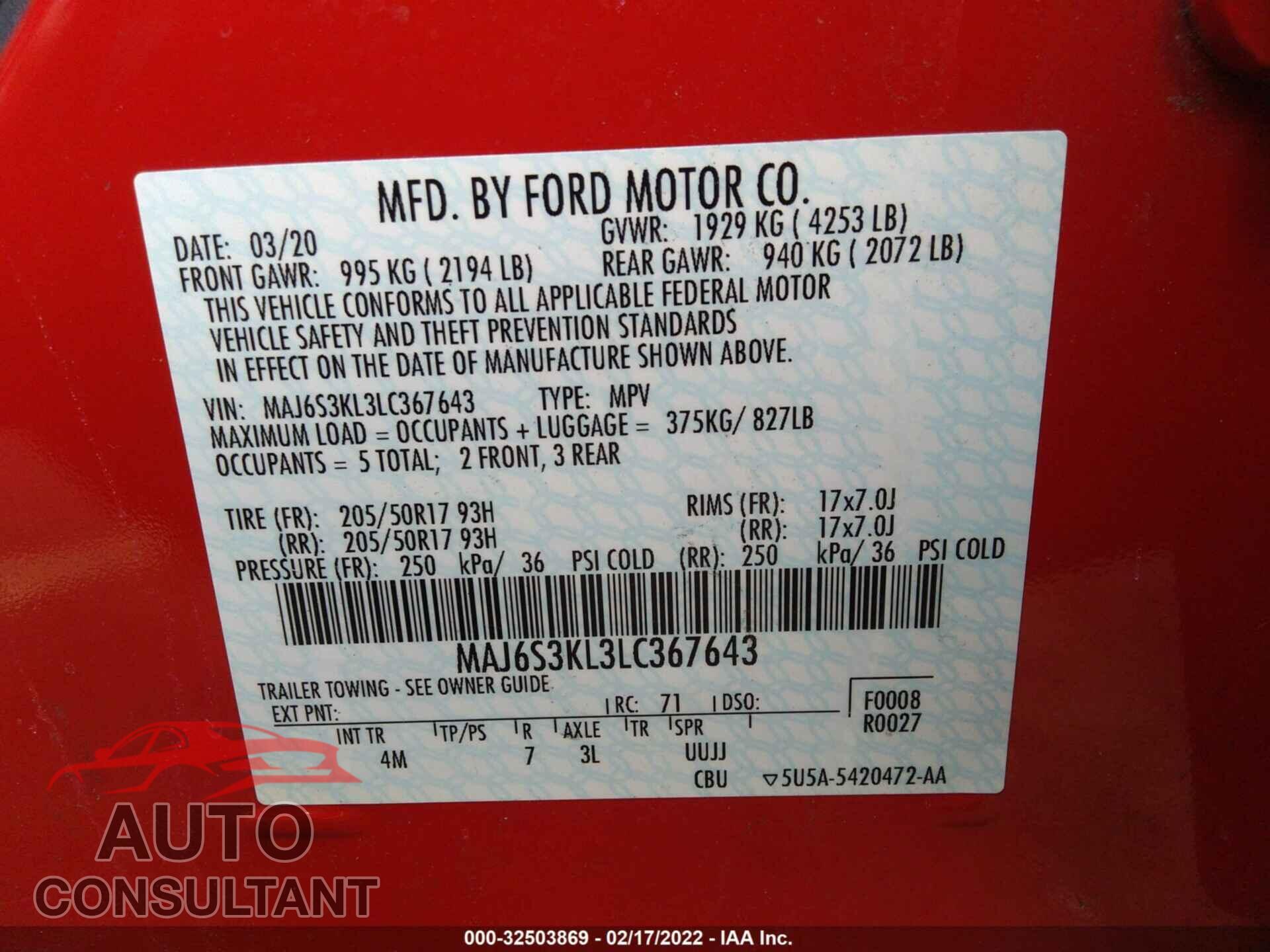 FORD ECOSPORT 2020 - MAJ6S3KL3LC367643