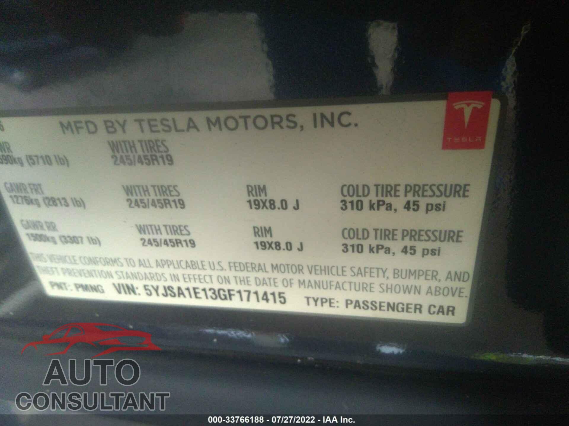 TESLA MODEL S 2016 - 5YJSA1E13GF171415