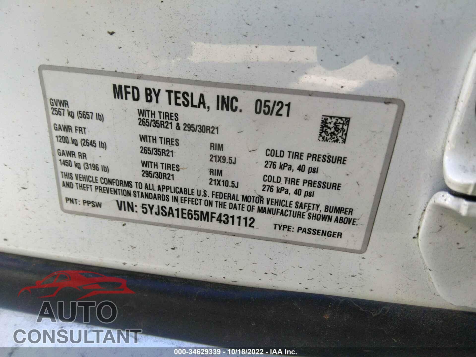 TESLA MODEL S 2021 - 5YJSA1E65MF431112