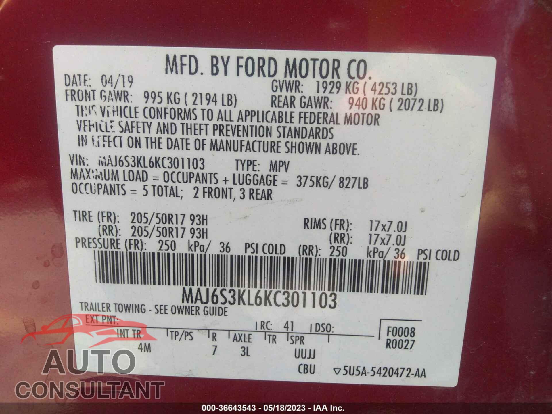 FORD ECOSPORT 2019 - MAJ6S3KL6KC301103