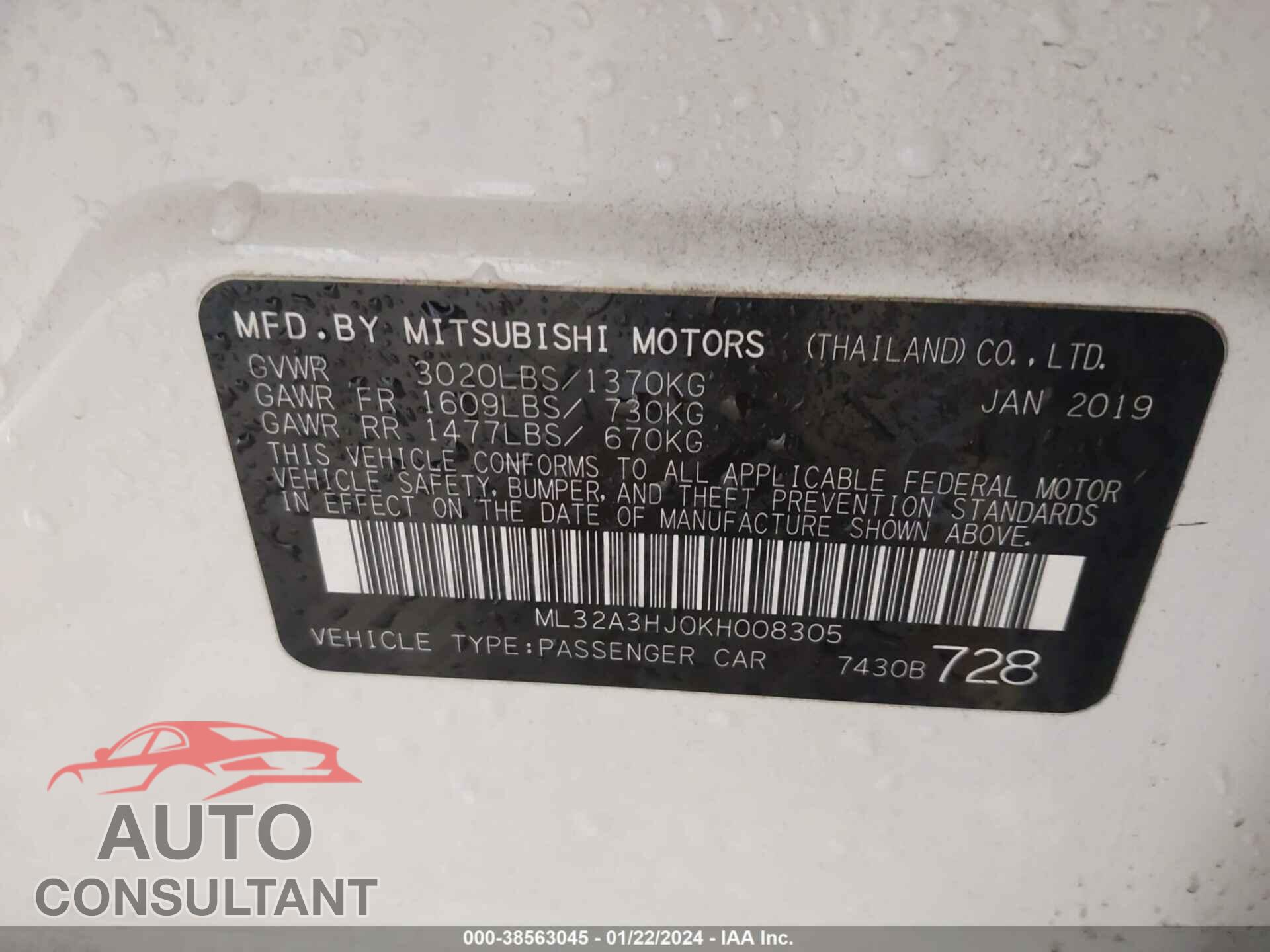 MITSUBISHI MIRAGE 2019 - ML32A3HJ0KH008305