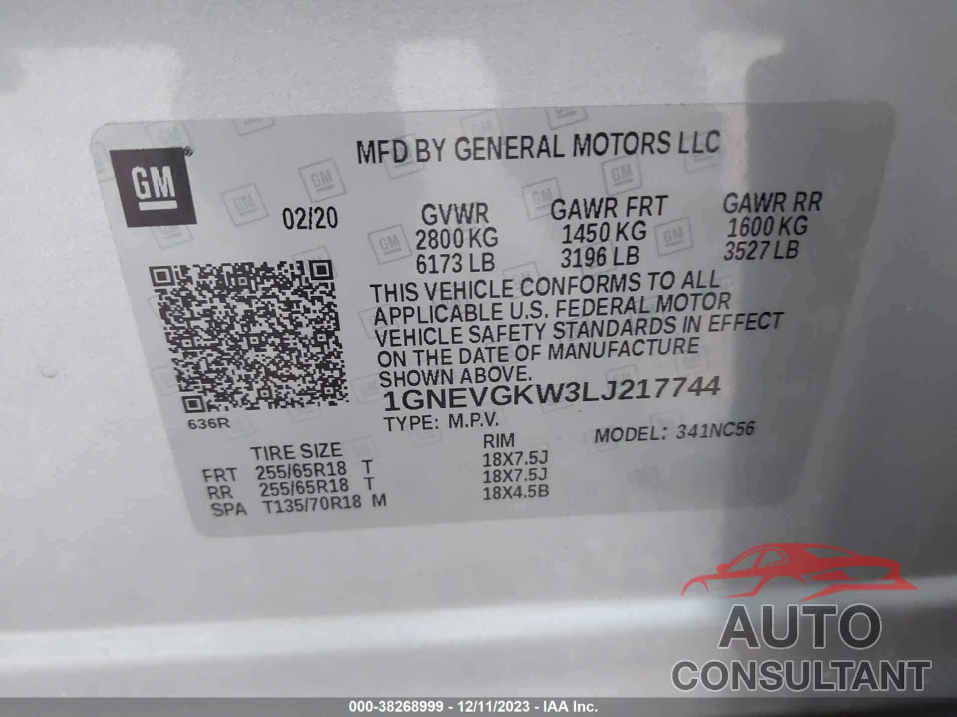 CHEVROLET TRAVERSE 2020 - 1GNEVGKW3LJ217744