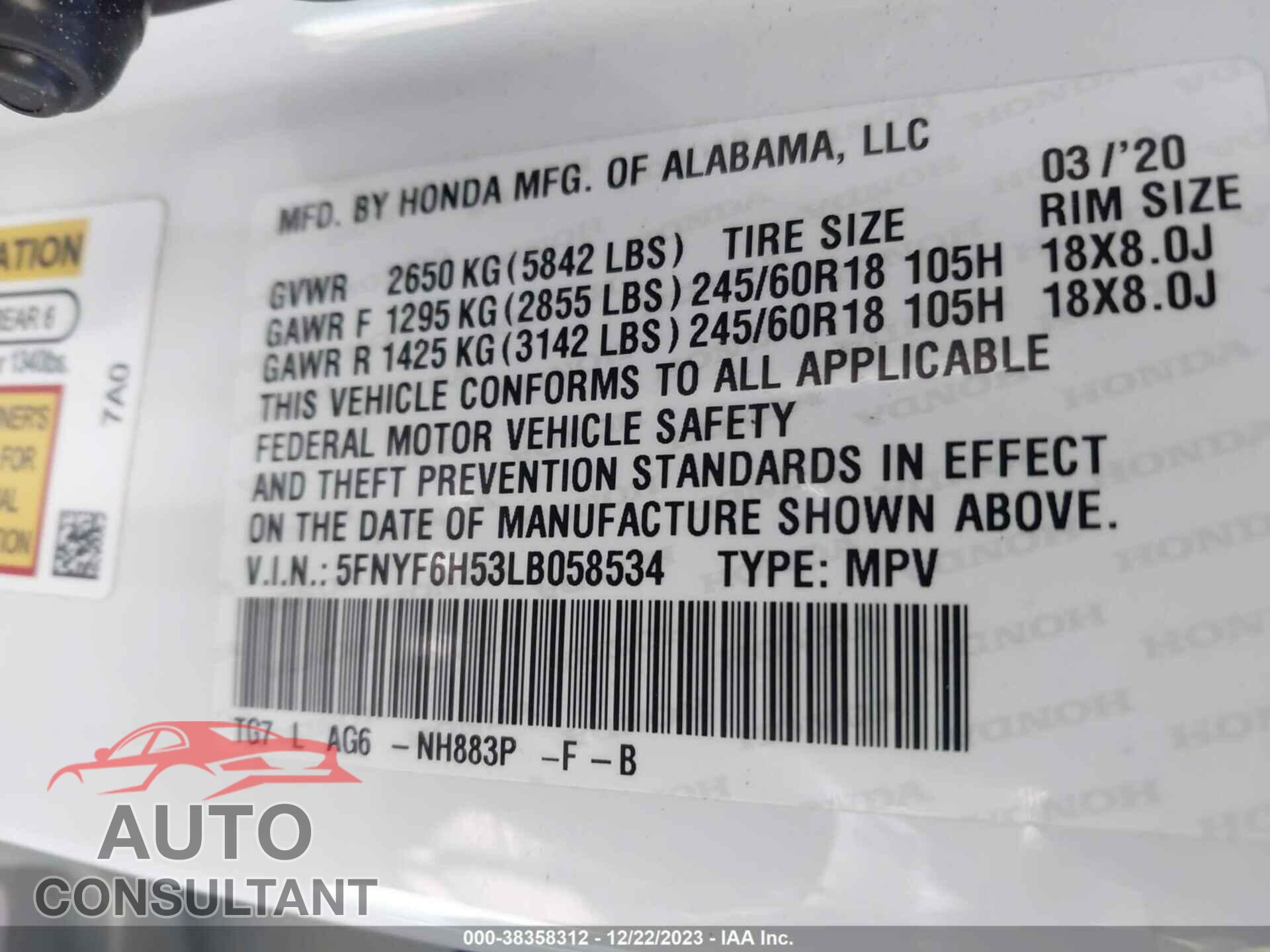 HONDA PILOT 2020 - 5FNYF6H53LB058534