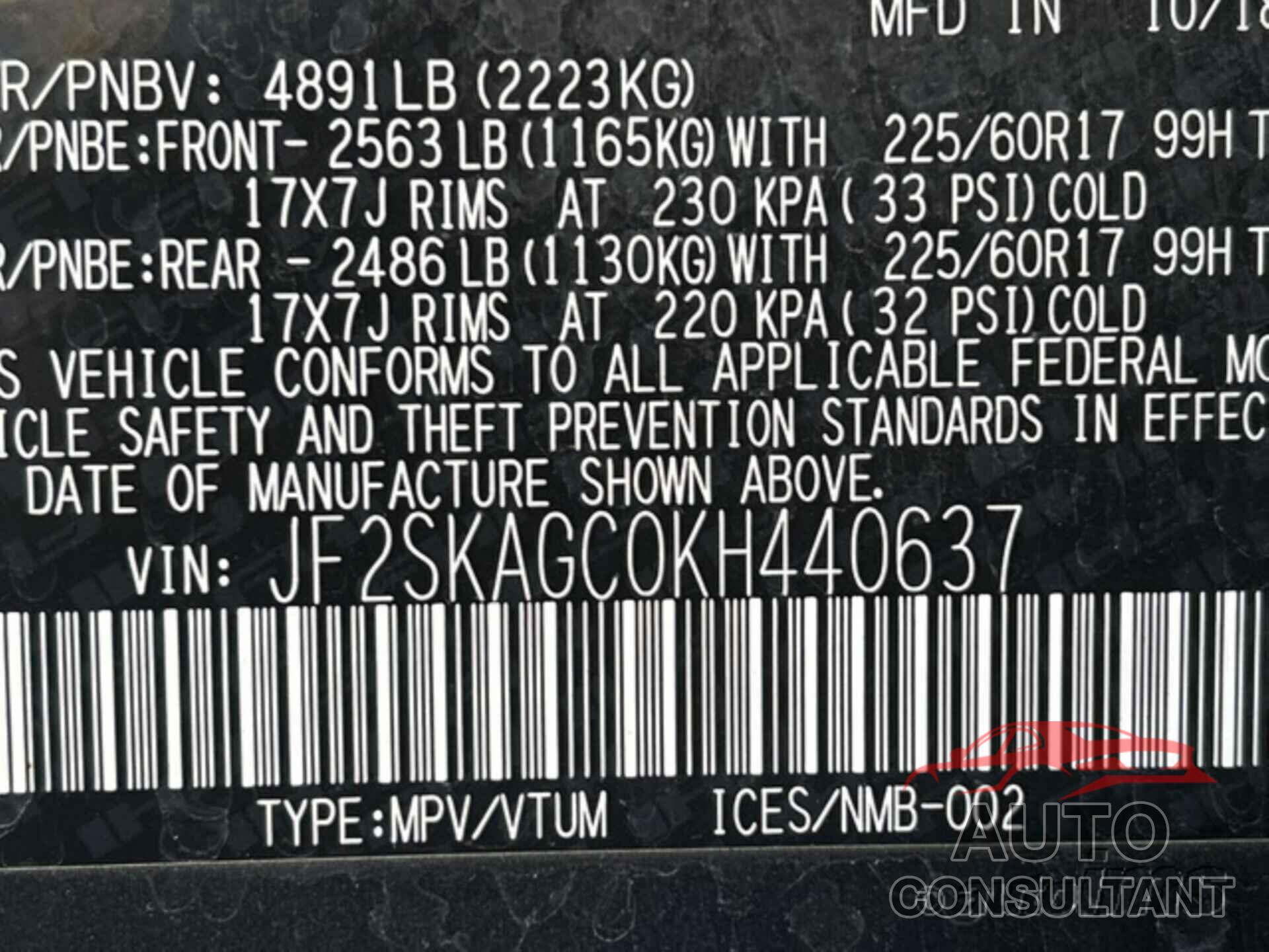 SUBARU FORESTER 2019 - JF2SKAGC0KH440637
