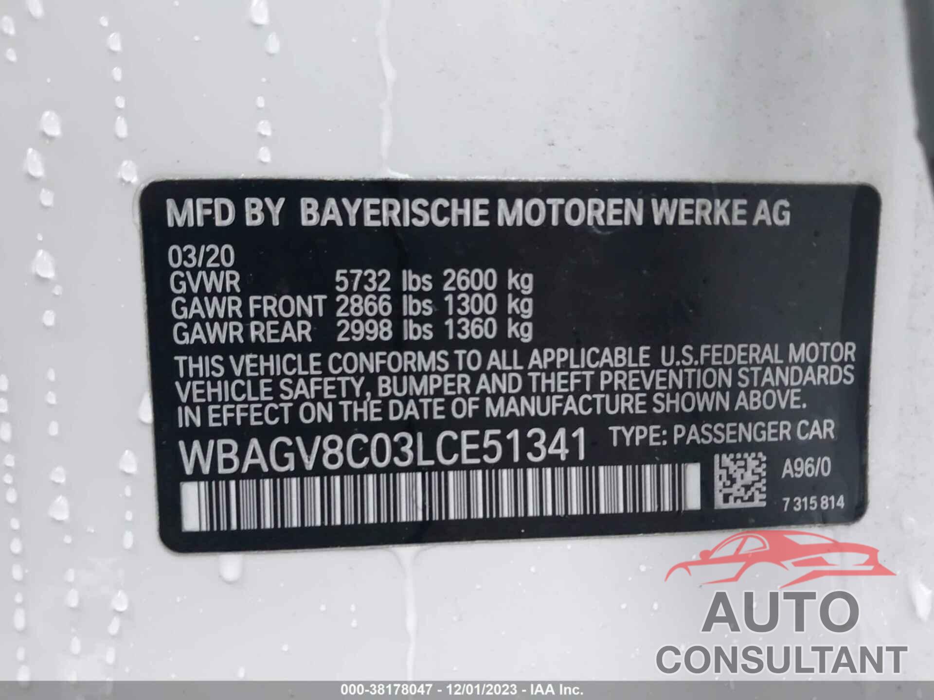 BMW 8 SERIES 2020 - WBAGV8C03LCE51341