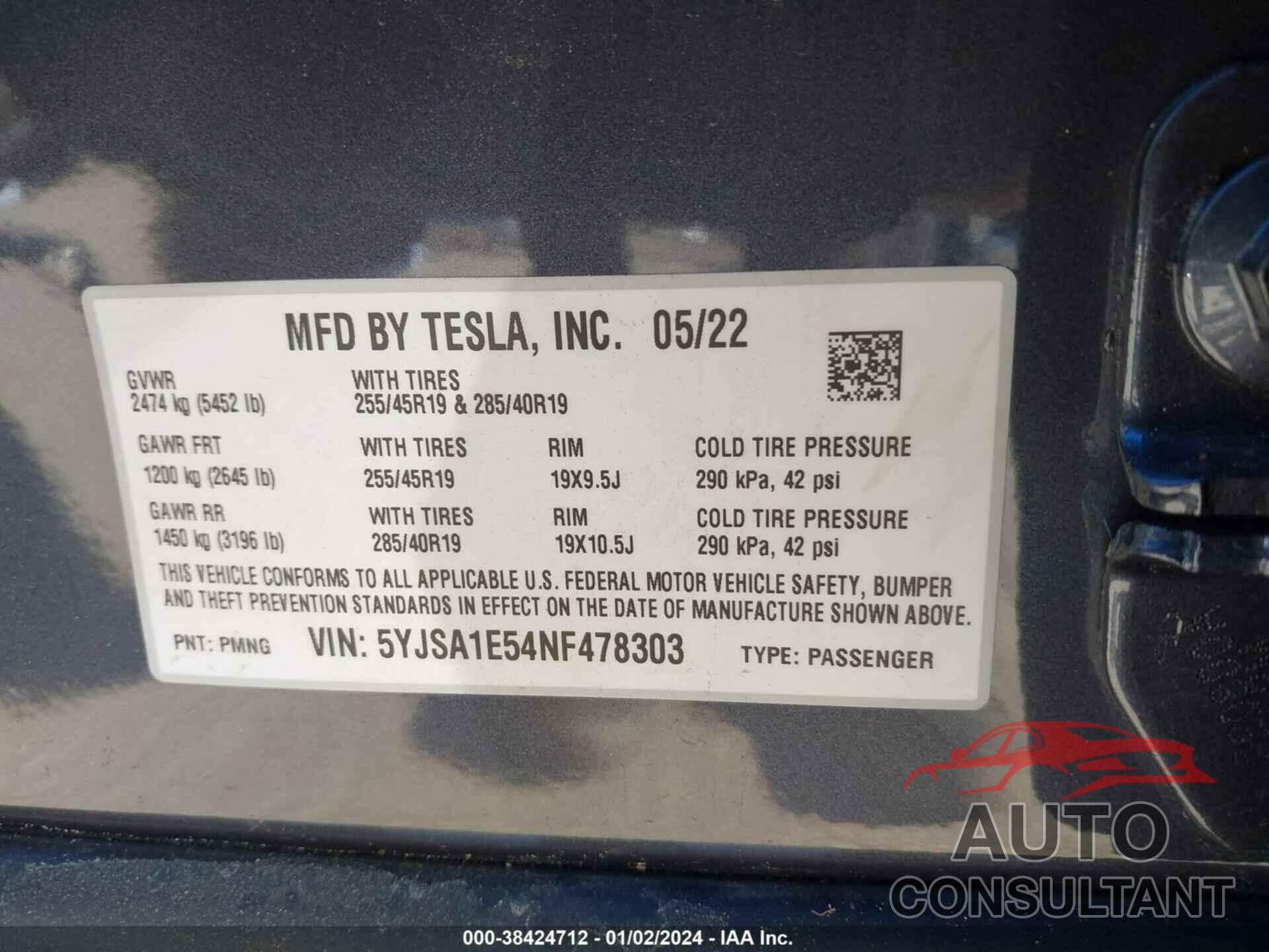 TESLA MODEL S 2022 - 5YJSA1E54NF478303